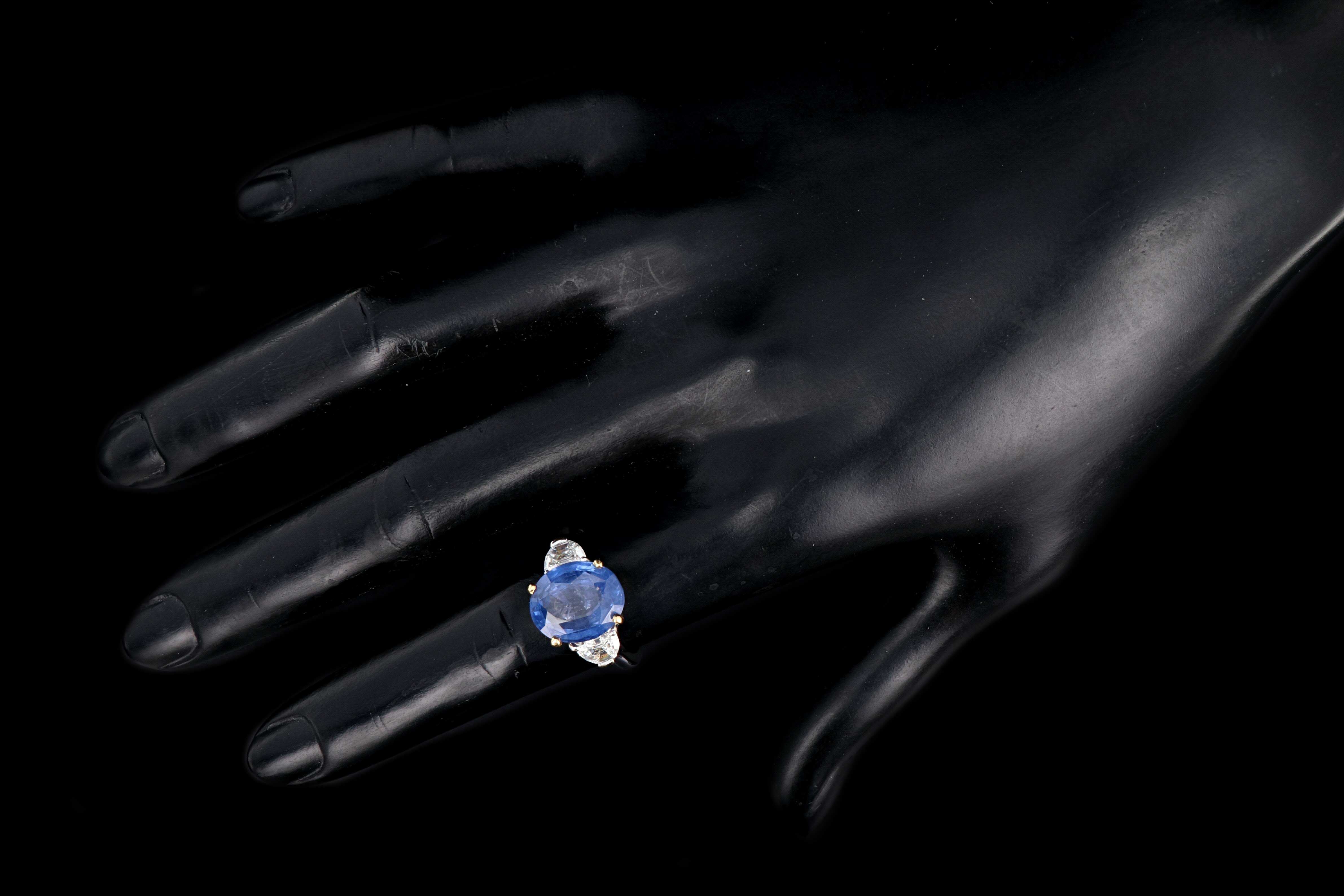 Modern 18K White and Yellow Gold  6.05 Carat Ceylon Sapphire and Half Moon Diamond Ring - Queen May