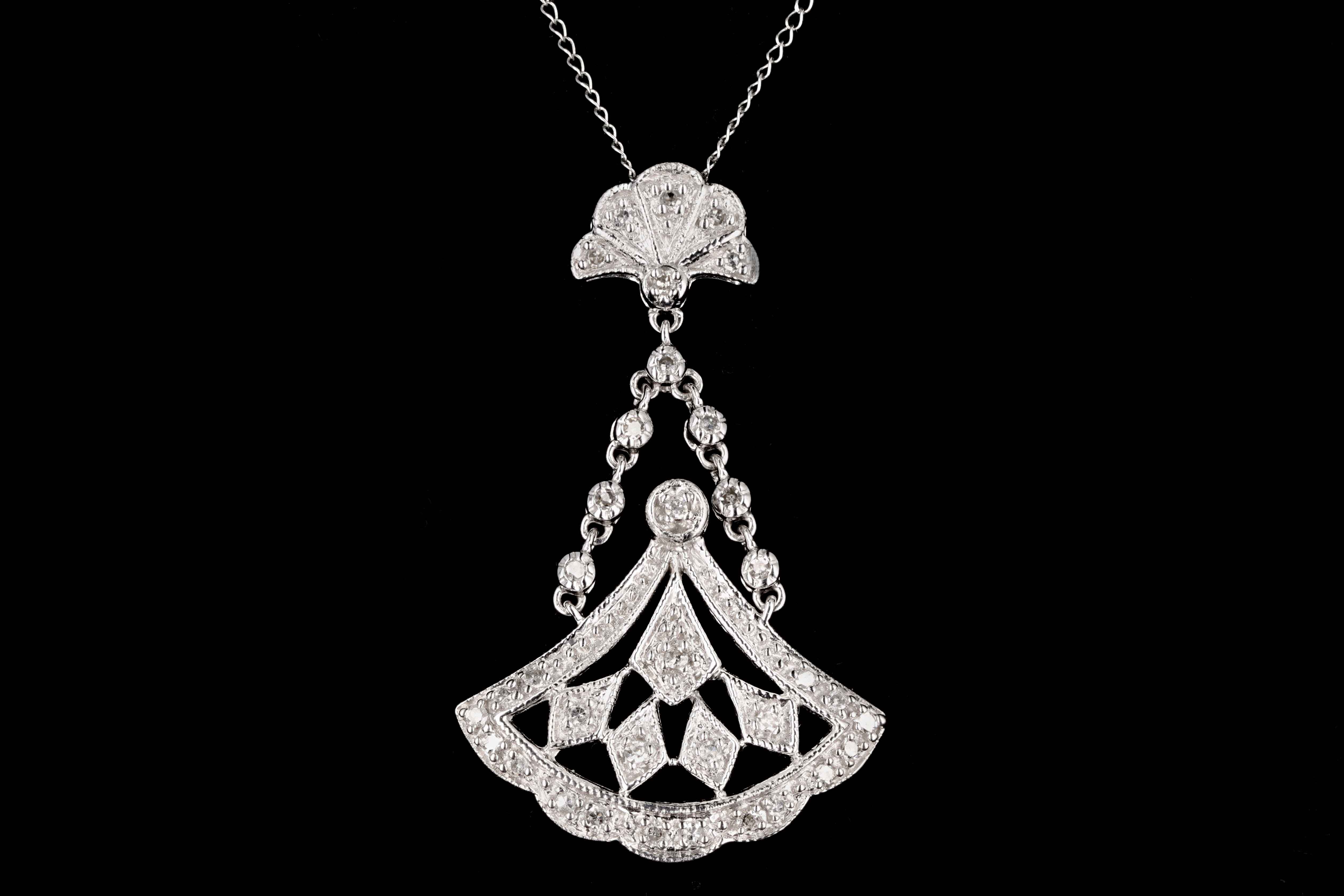 Modern 14K White Gold .35 Total Carat Weight Round Diamonds Drop Pendant Necklace - Queen May