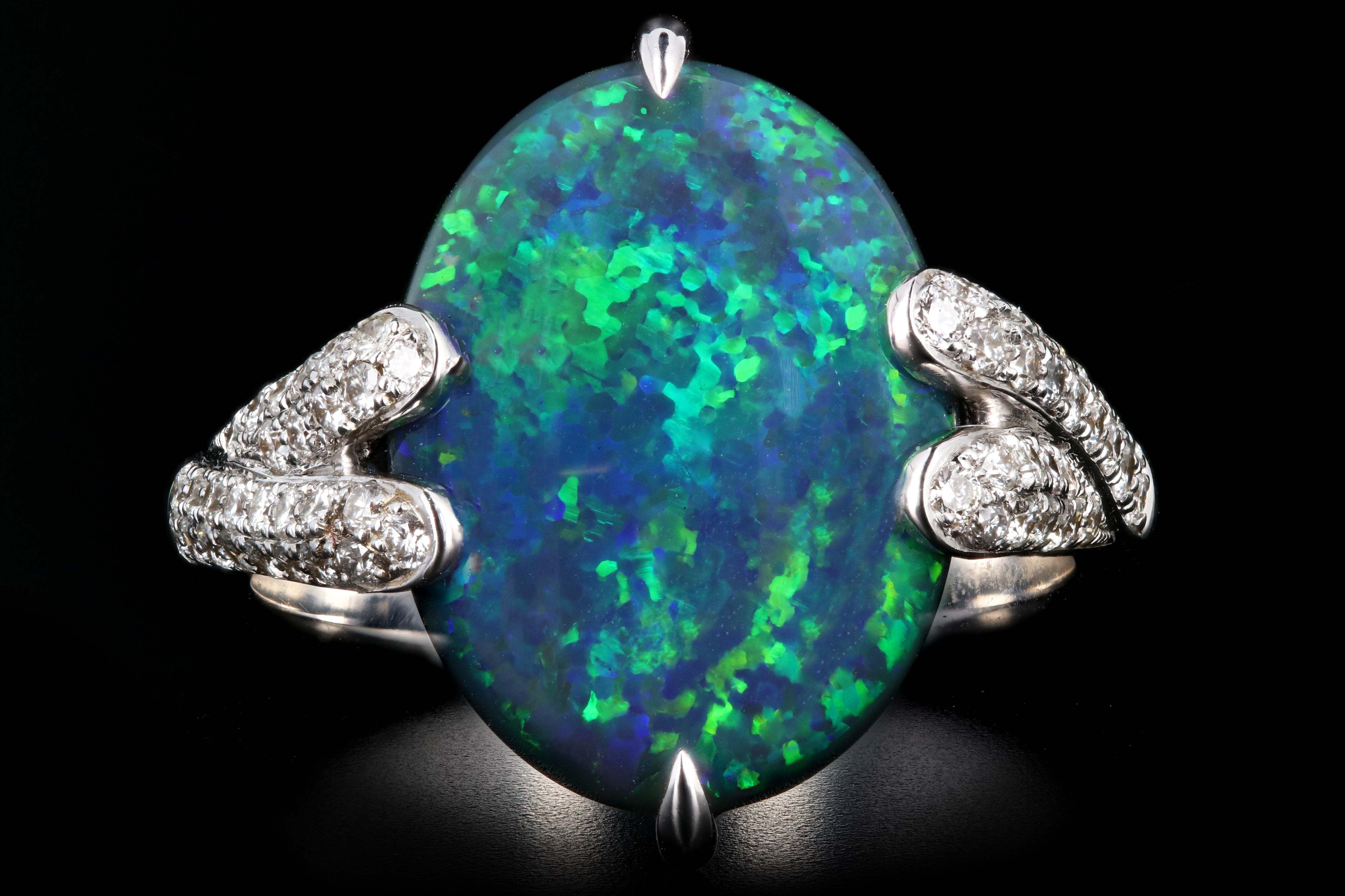 Retro 18K White Gold 5.51 Carat Black Opal and Diamond Ring - Queen May
