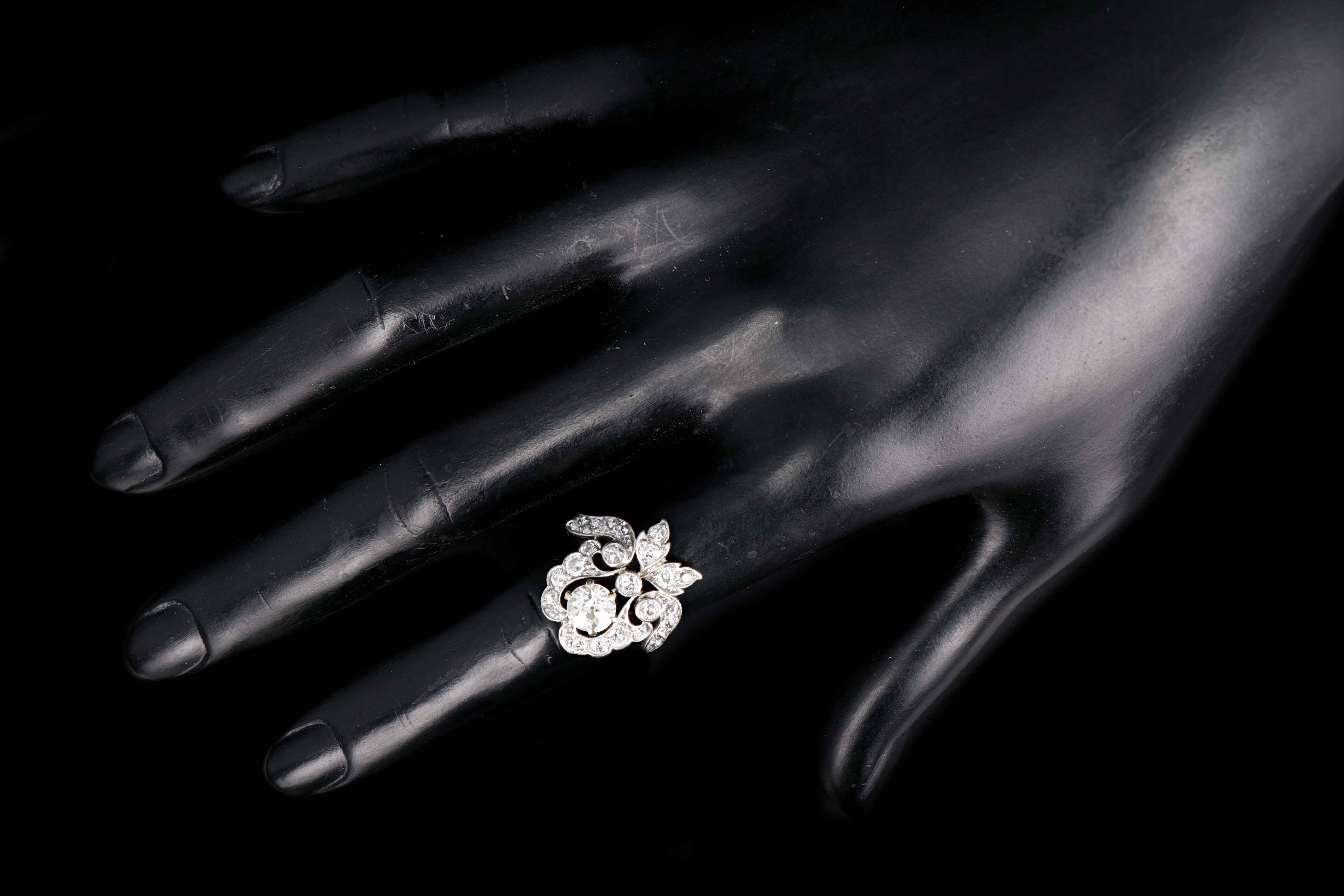 Edwardian 14K Yellow Gold and Platinum Top .87 Carats Old European Cut Diamond Ring - Queen May