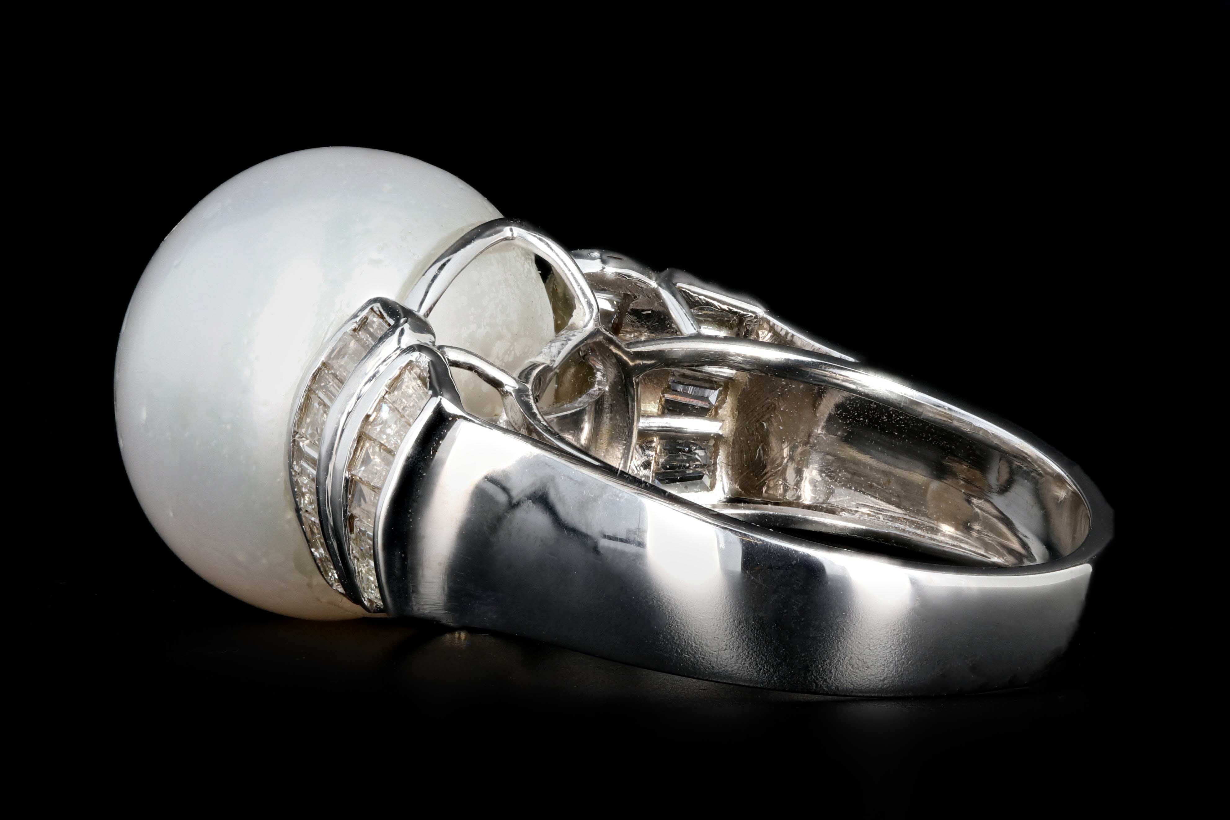 Modern 14K White Gold 15.6mm Pearl and Baguette Diamond Ring - Queen May