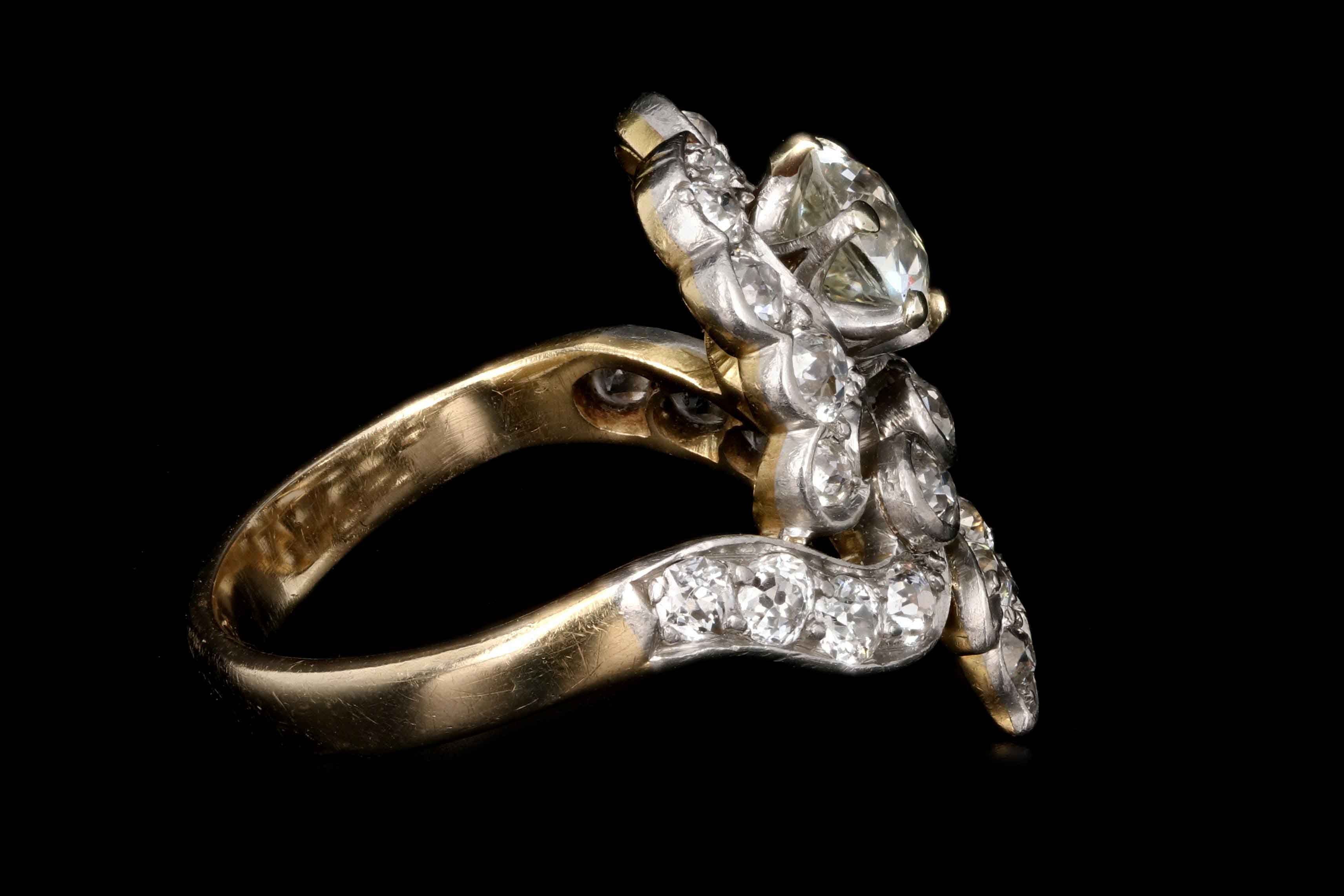 Edwardian 14K Yellow Gold and Platinum Top .87 Carats Old European Cut Diamond Ring - Queen May
