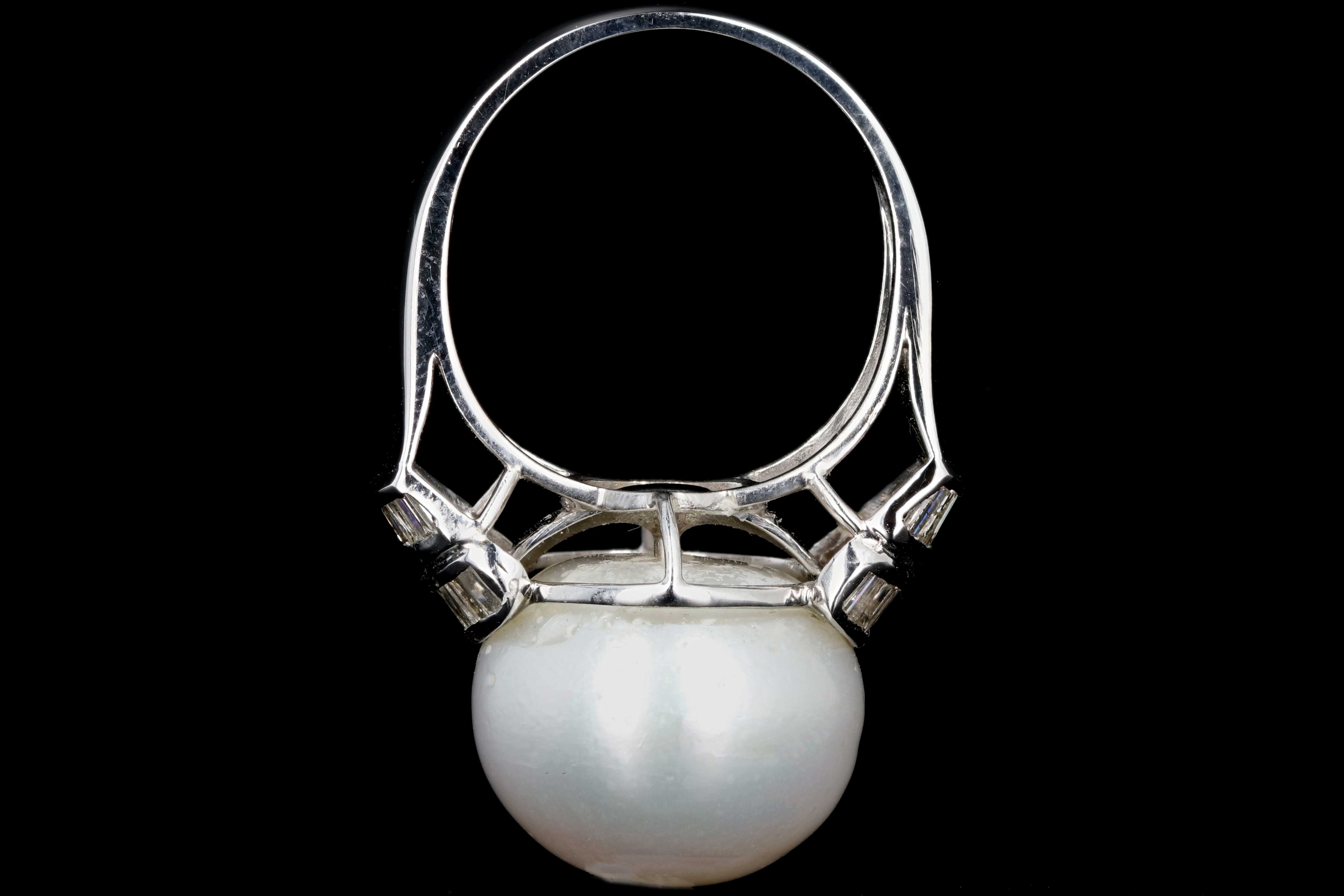 Modern 14K White Gold 15.6mm Pearl and Baguette Diamond Ring - Queen May