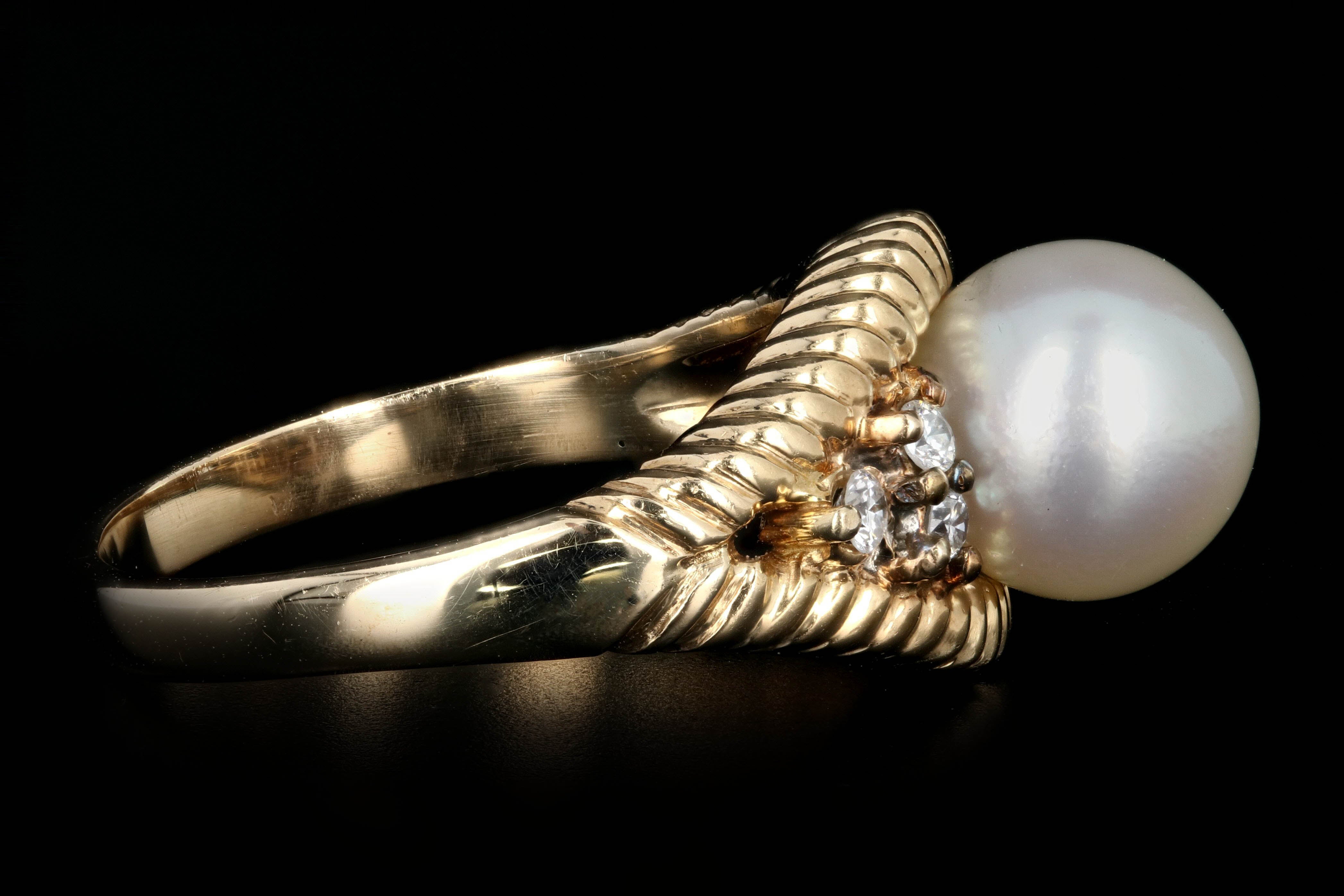 Modern 14K Yellow Gold 8mm Pearl and Diamond Ring - Queen May
