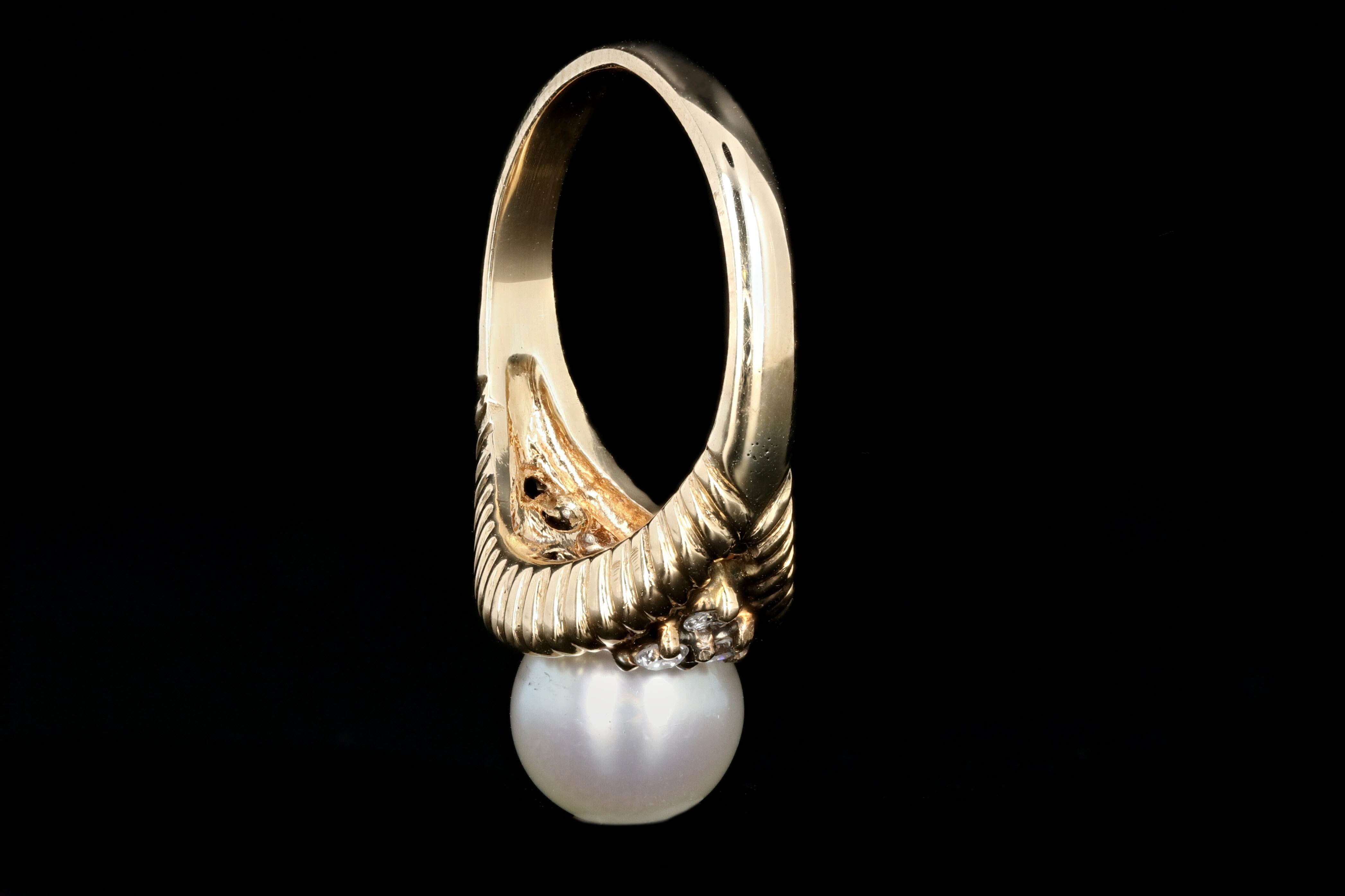 Modern 14K Yellow Gold 8mm Pearl and Diamond Ring - Queen May
