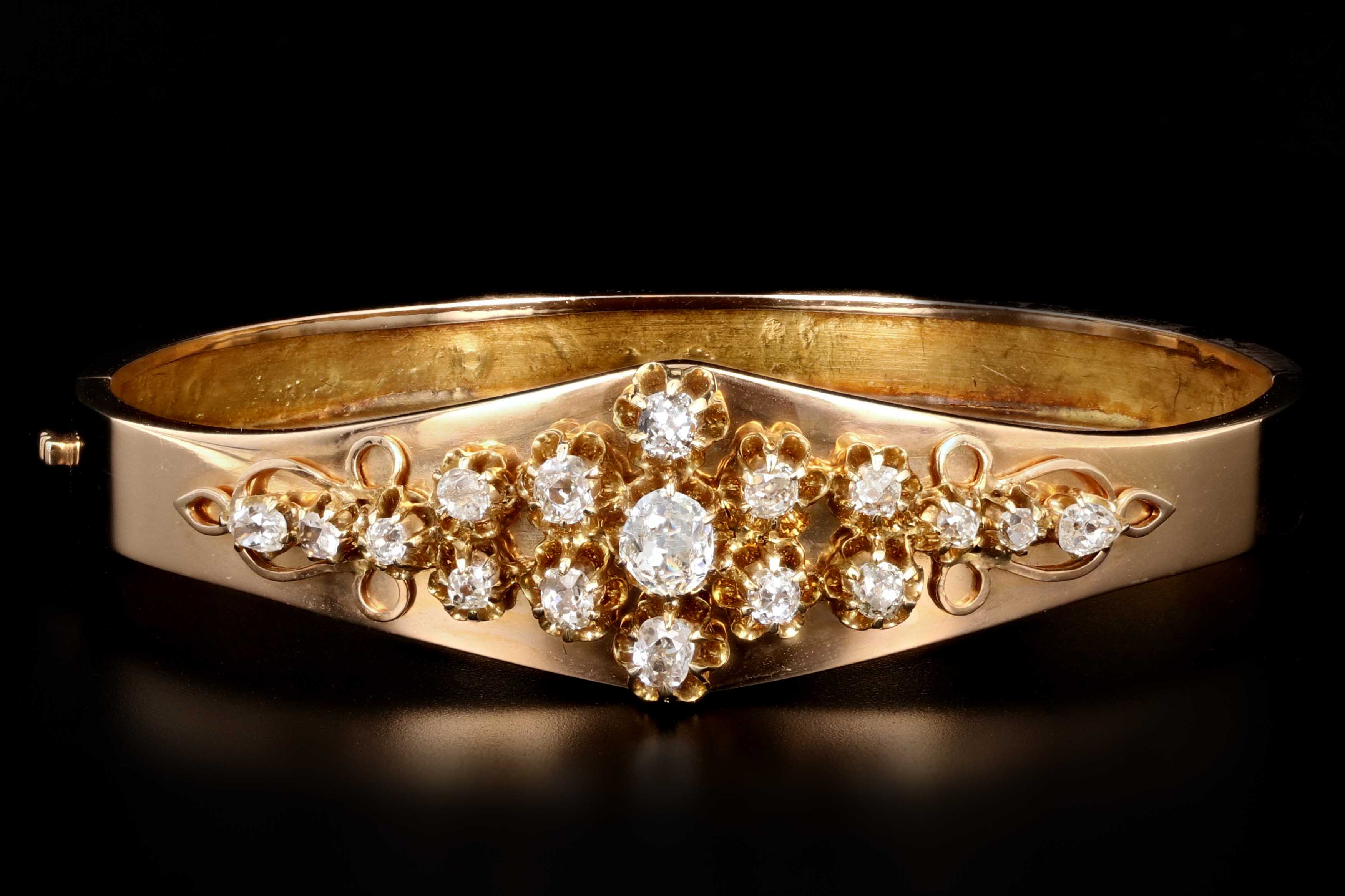 Victorian 18K Yellow Gold .6 Carat Old Mine Cut Diamond Bangle - Queen May