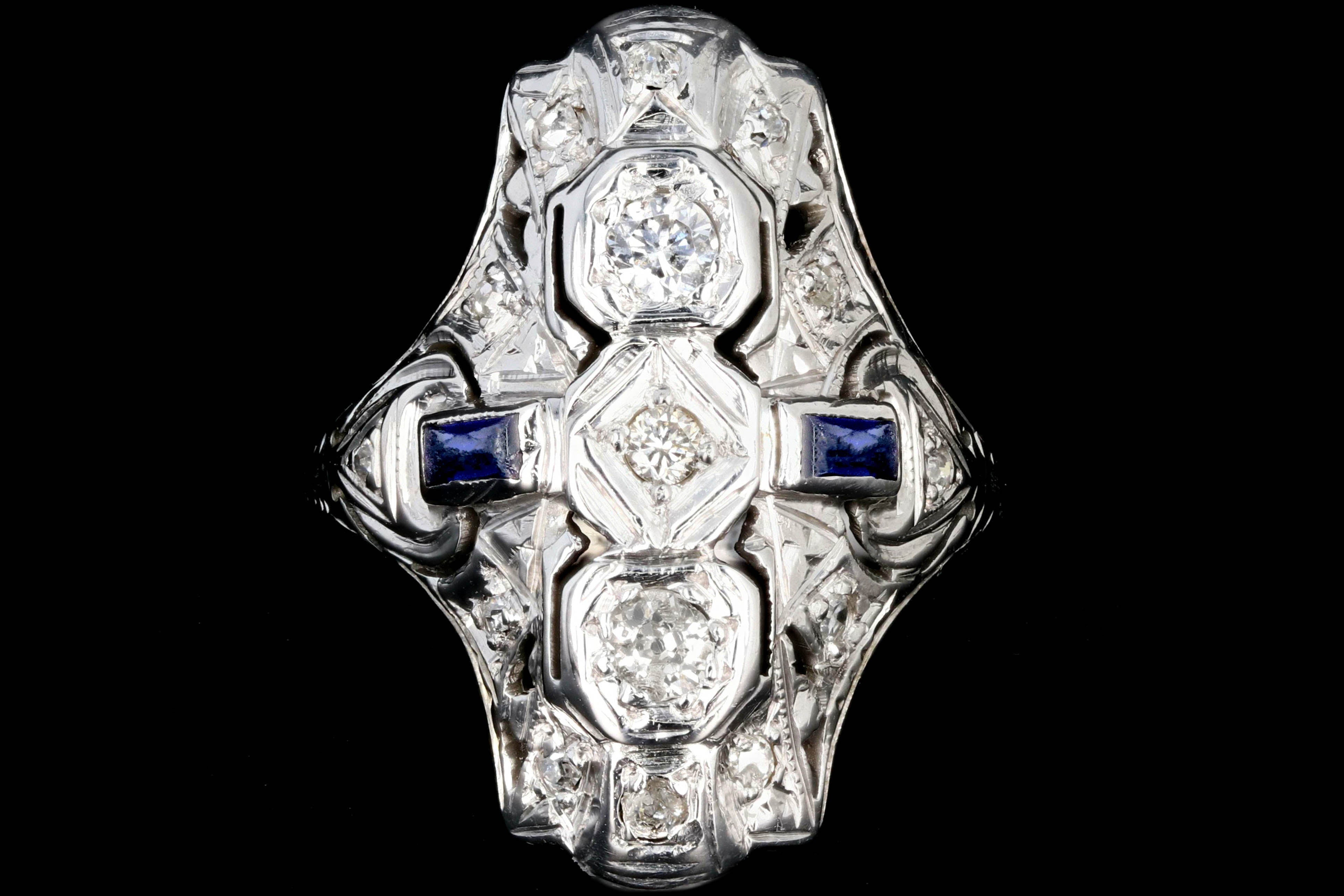 Art Deco 18k White Gold .20 Carat Old European Cut Diamond and Sapphire Shield Style Ring - Queen May