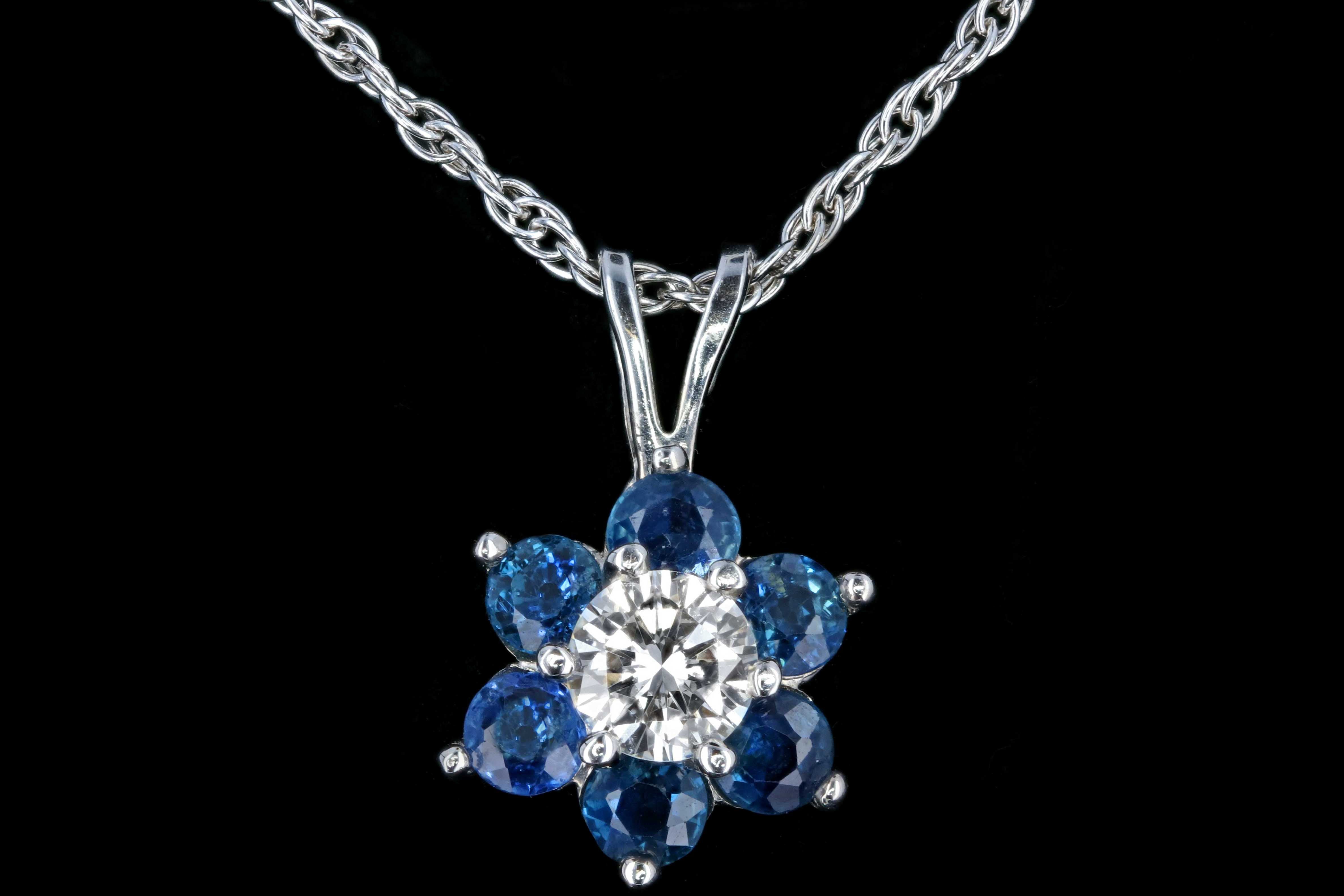 Modern 14K White Gold .40 CTS Round Diamond .60 Carats Natural Sapphires Pendant Necklace - Queen May