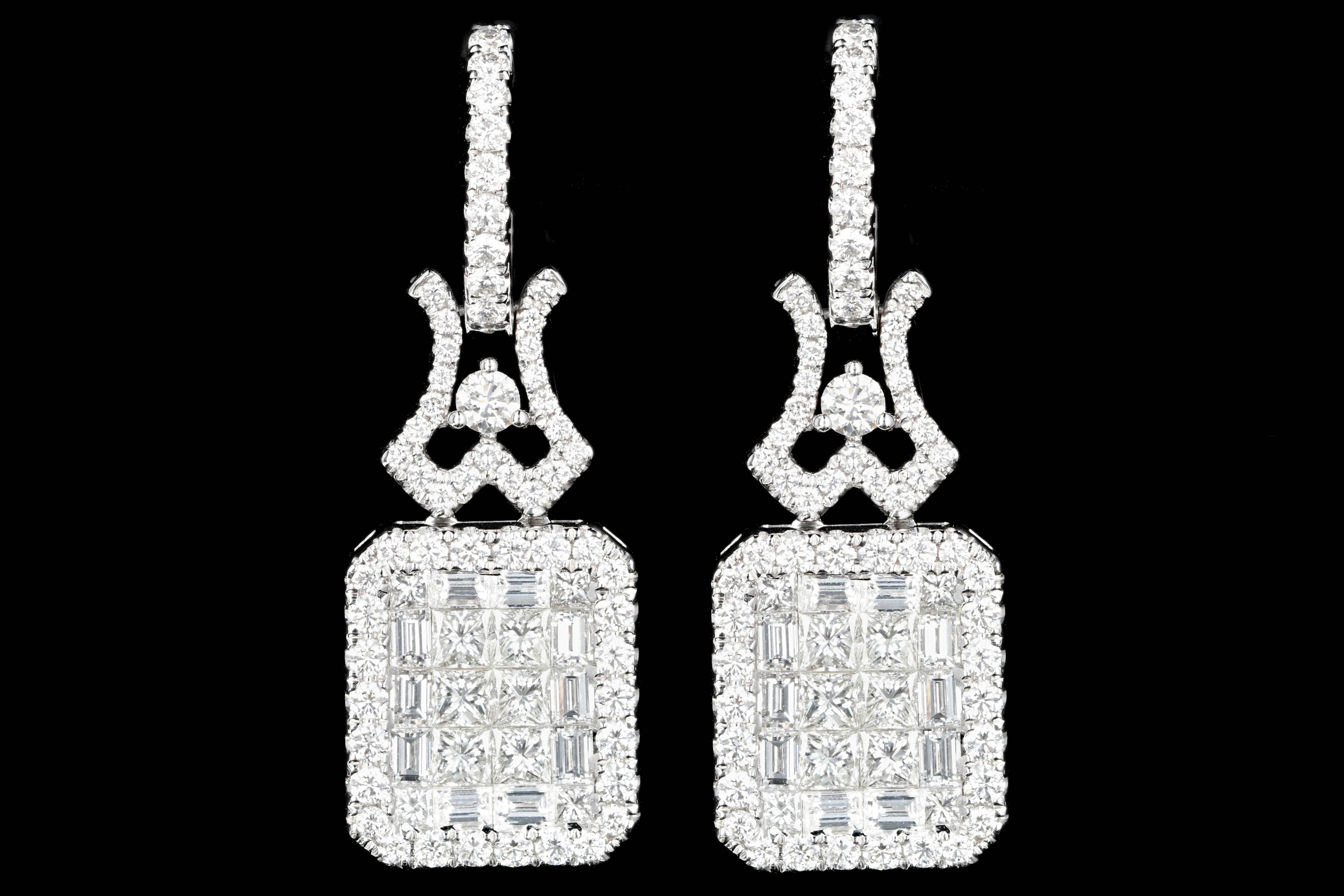 New 18K White Gold 4.44 Carats Princess, Baguette, and Round Cut Diamond Earrings - Queen May