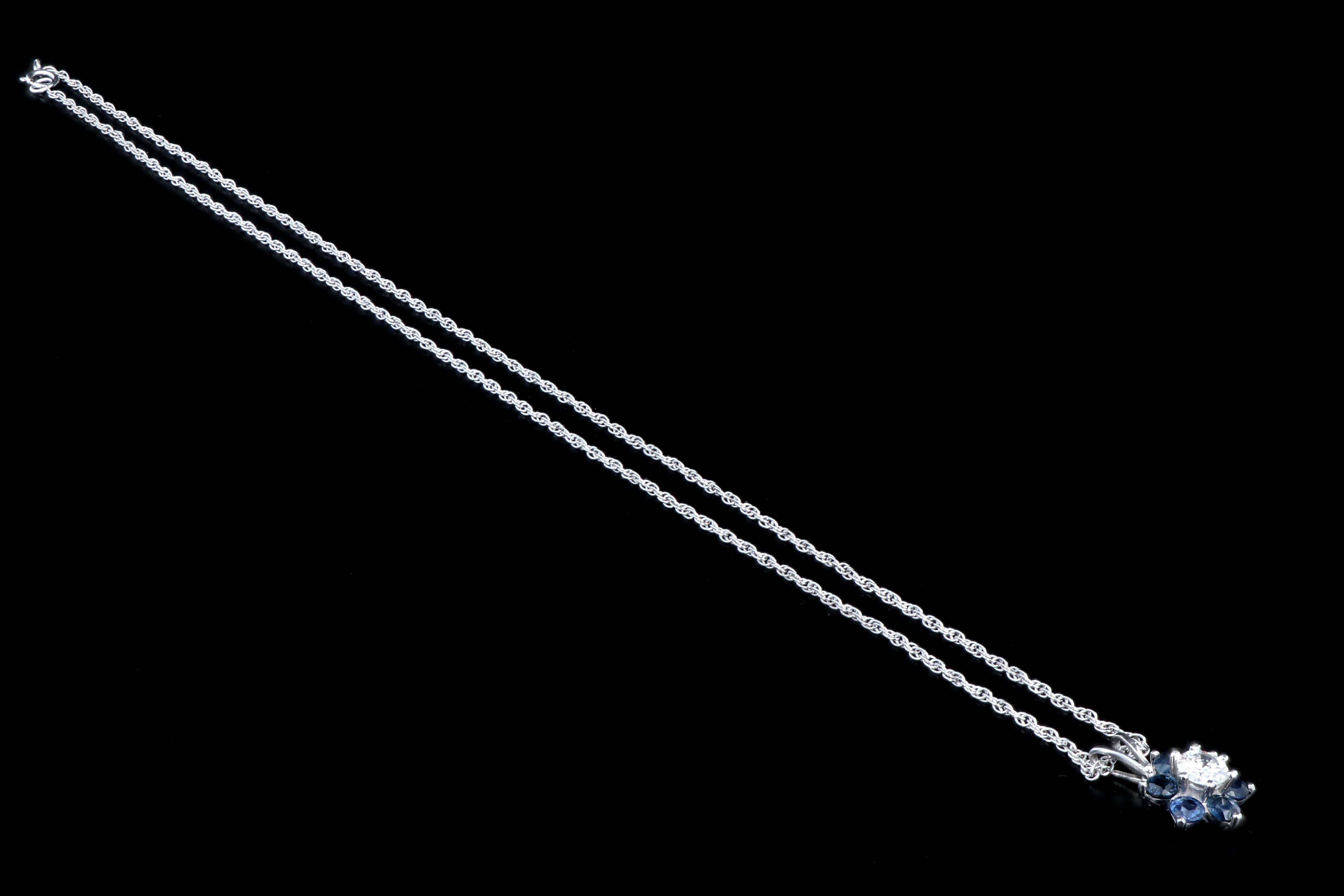 Modern 14K White Gold .40 CTS Round Diamond .60 Carats Natural Sapphires Pendant Necklace - Queen May