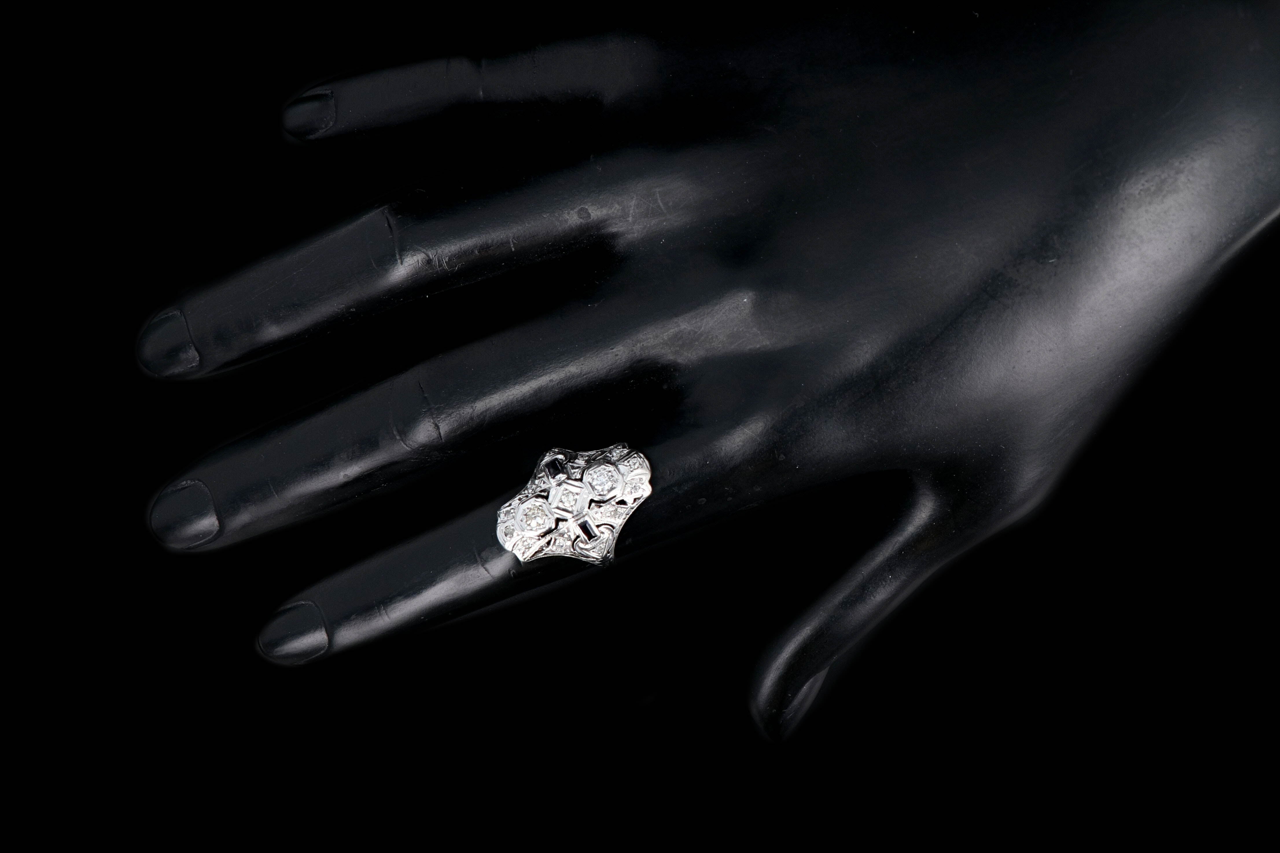 Art Deco 18k White Gold .20 Carat Old European Cut Diamond and Sapphire Shield Style Ring - Queen May