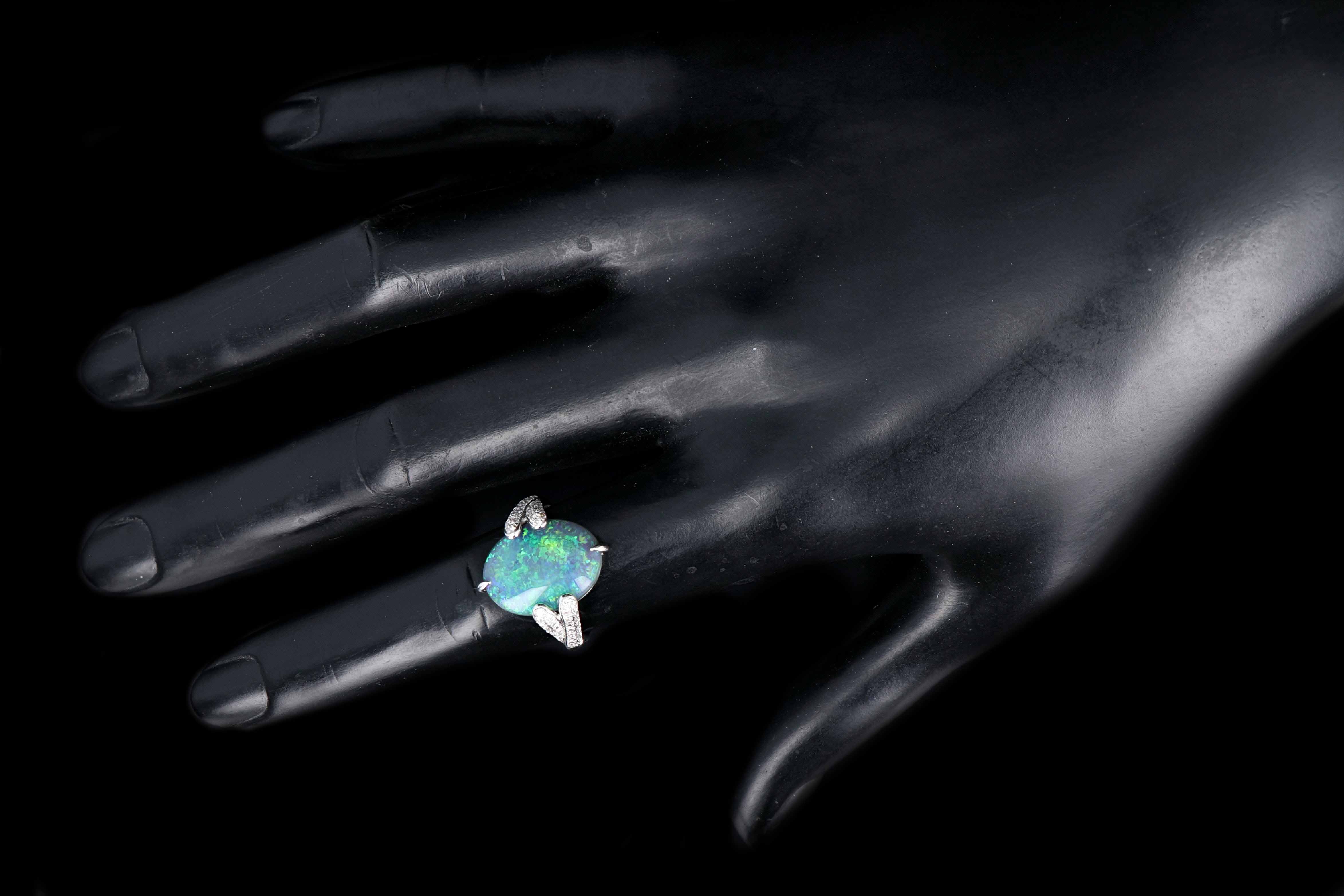 Retro 18K White Gold 5.51 Carat Black Opal and Diamond Ring - Queen May