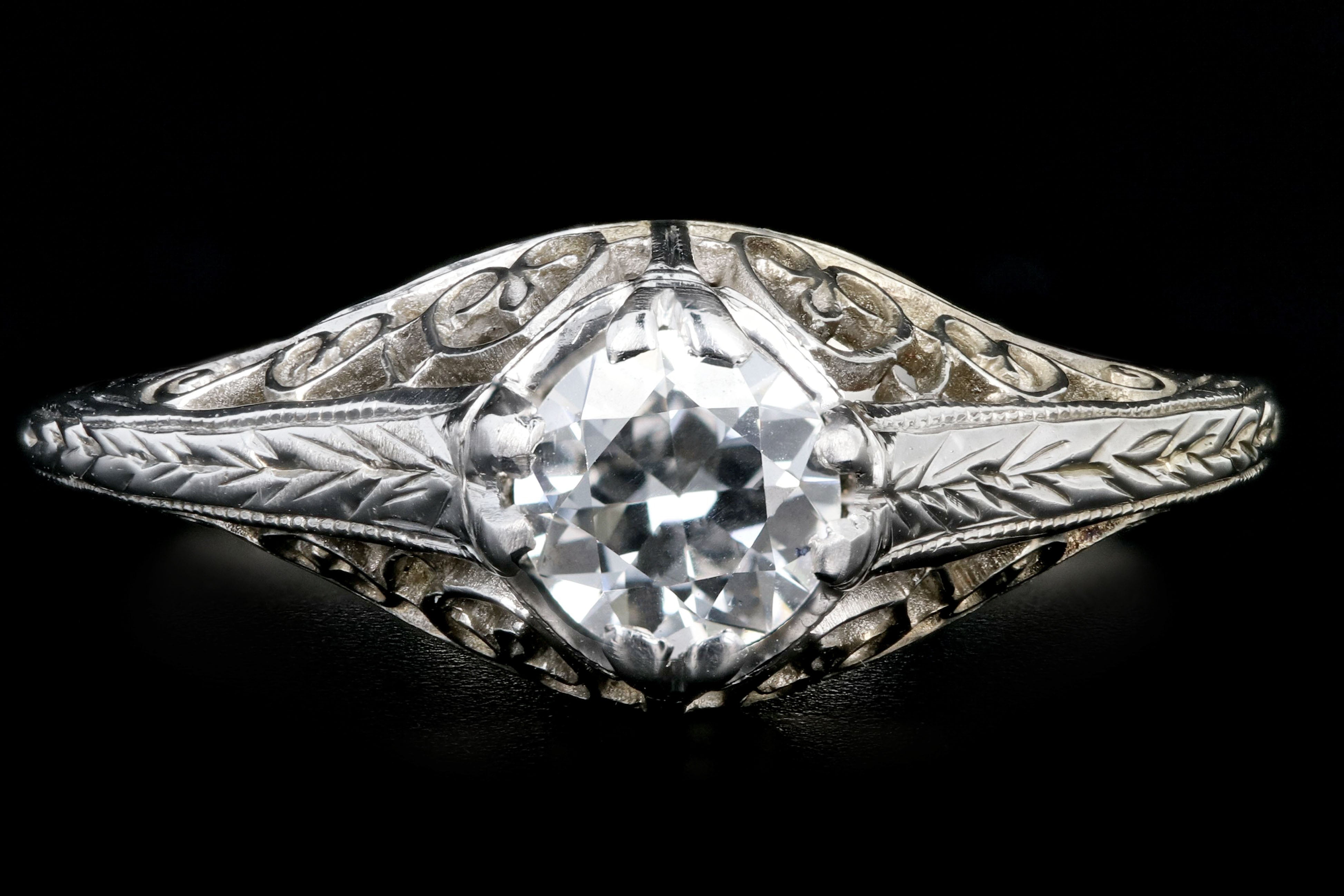 Art Deco Belias 18K White Gold Diamond Filigree Engagement Ring - Queen May