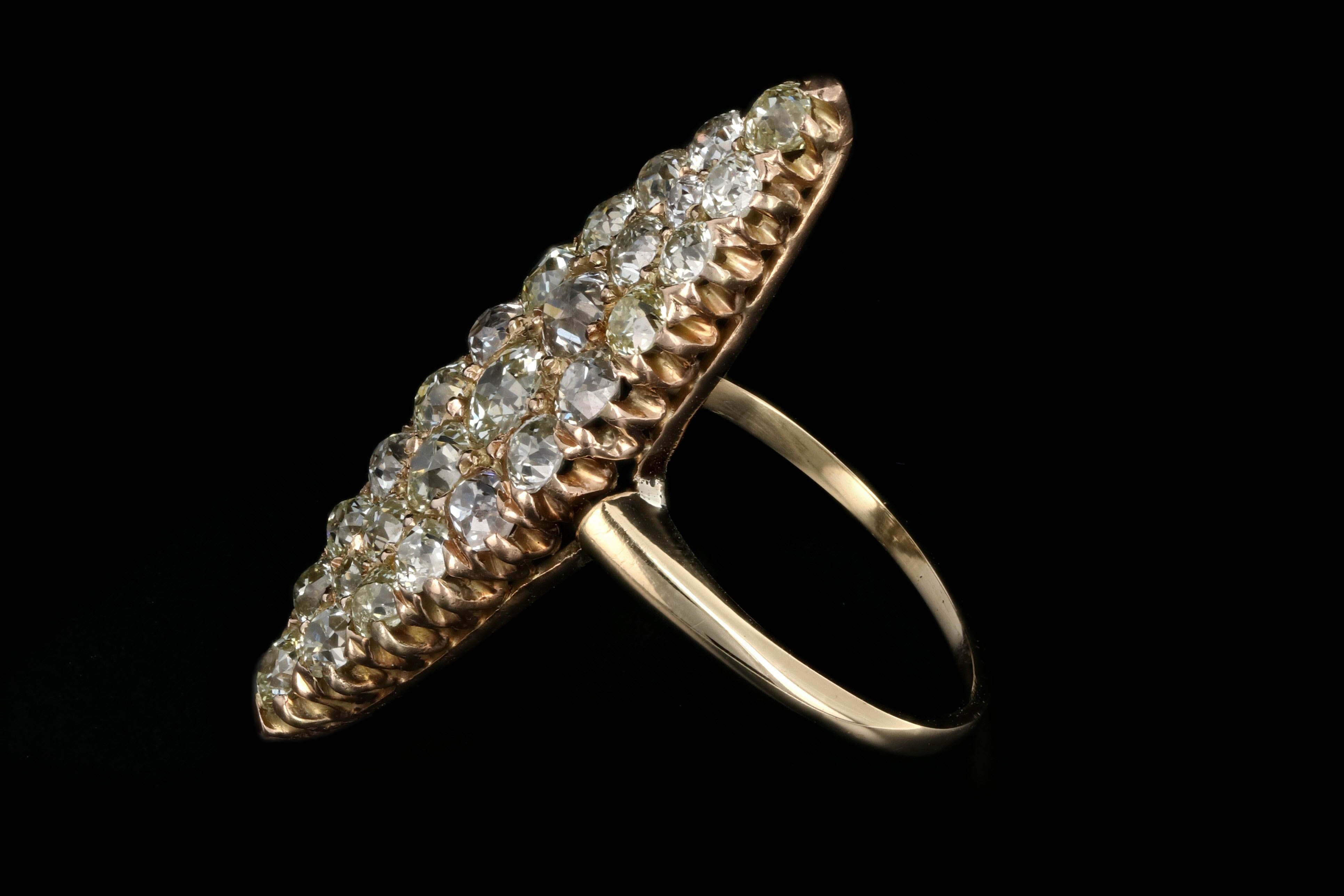 Victorian 18K Yellow Gold 4 Carat Total Weight Old Cut Diamond Navette Ring - Queen May