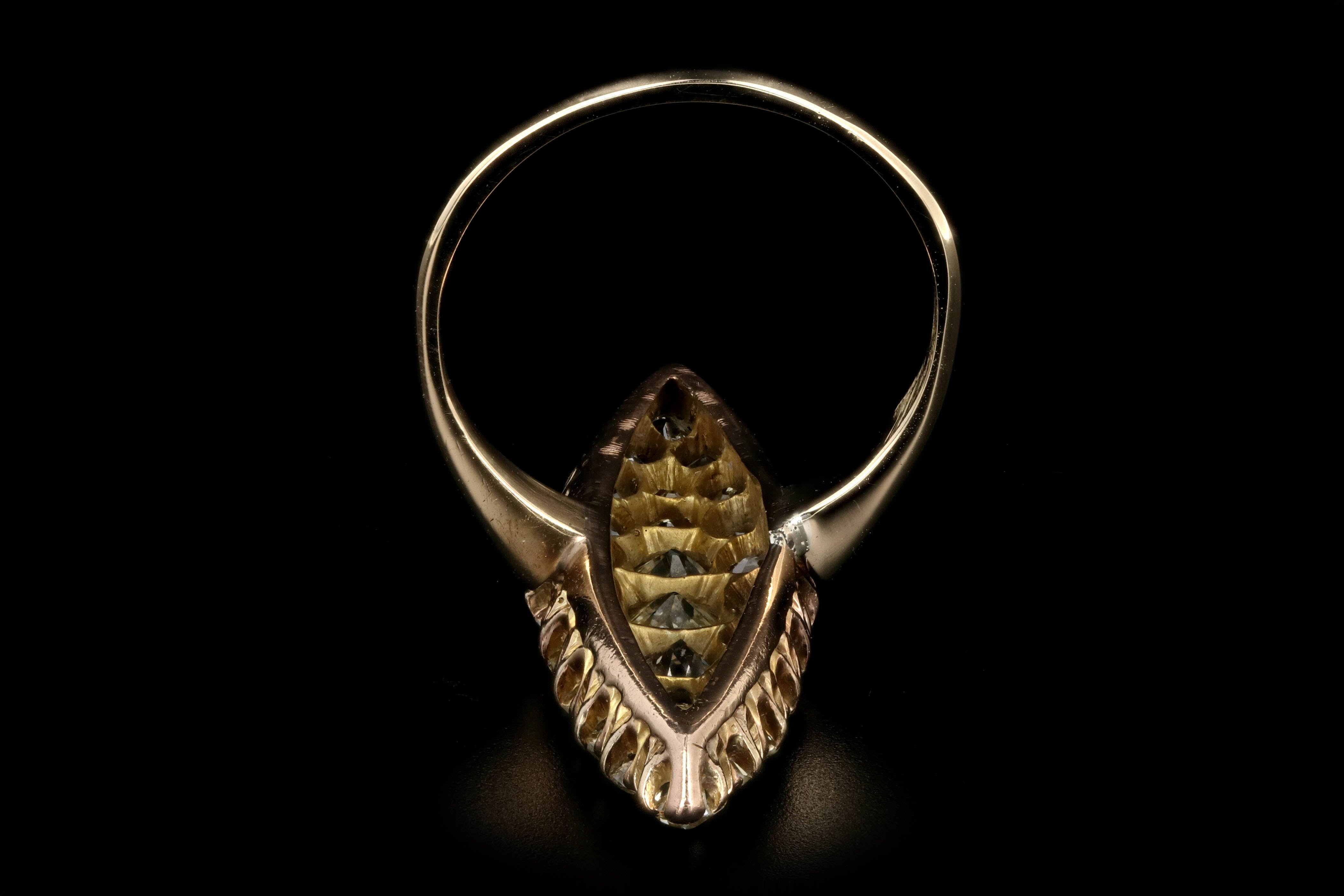 Victorian 18K Yellow Gold 4 Carat Total Weight Old Cut Diamond Navette Ring - Queen May