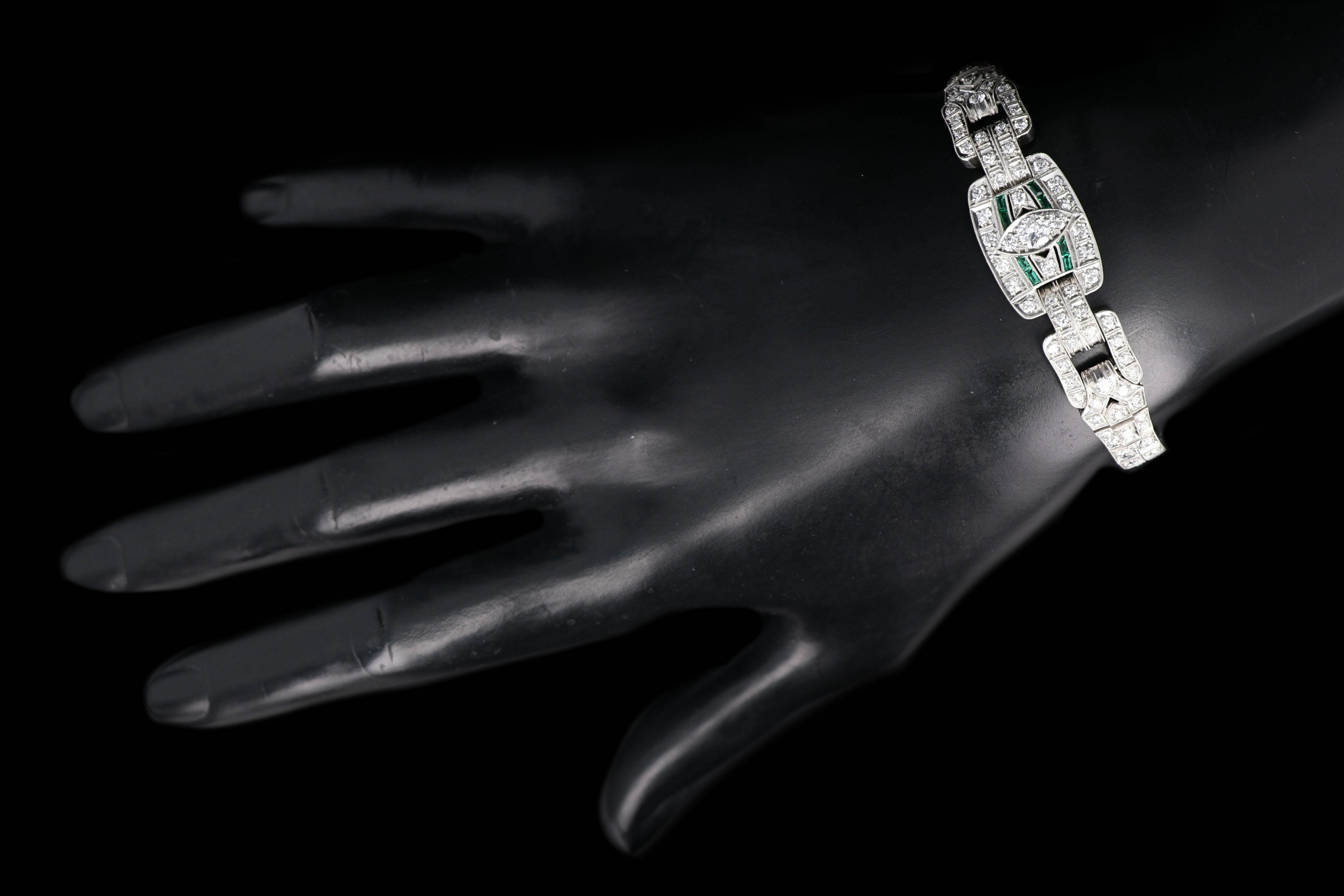 Art Deco Platinum 5 Carat Old European Cut Diamond & Emerald Bracelet - Queen May