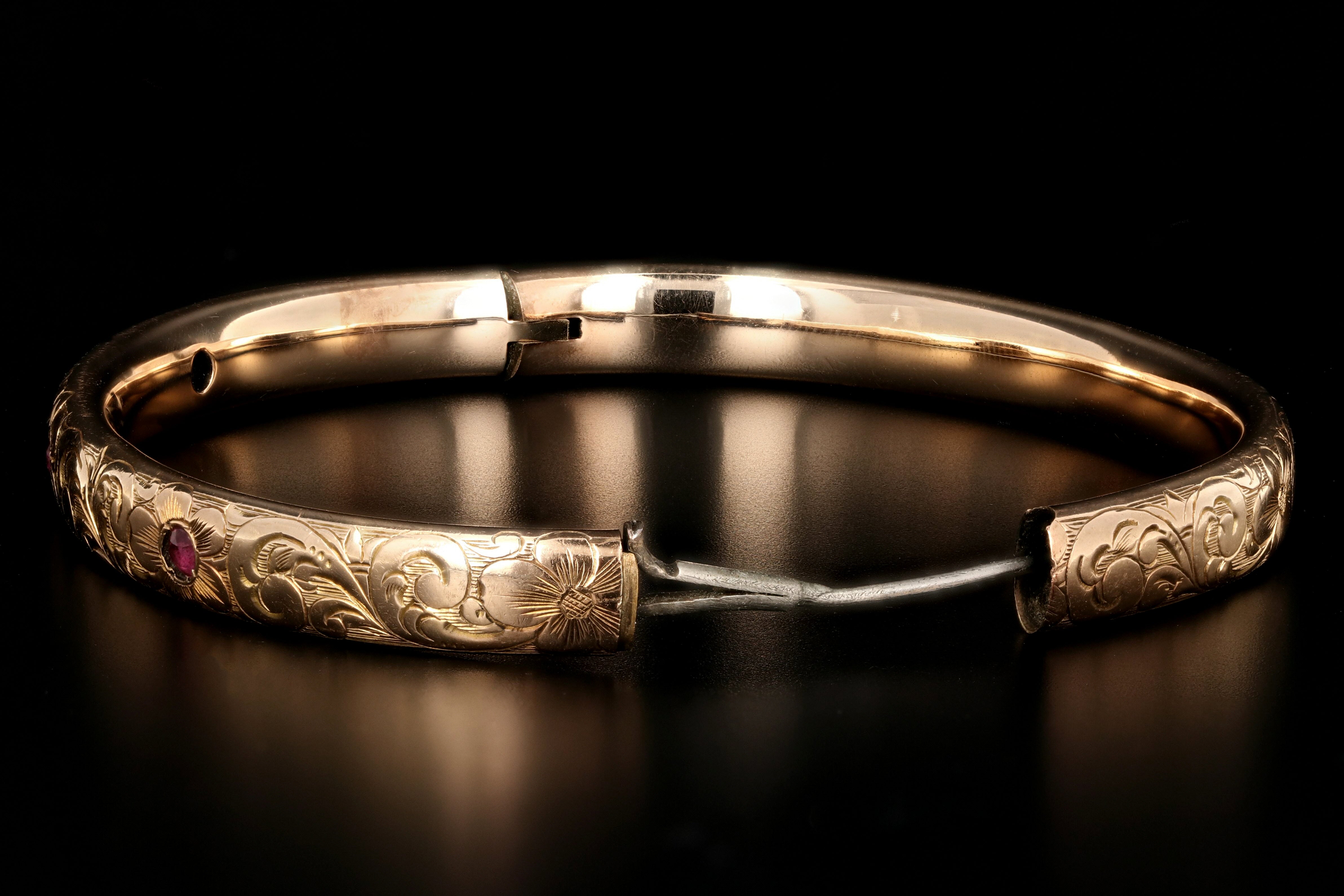 Victorian 14K Gold & Ruby Floral Bangle Bracelet c.1890's - Queen May