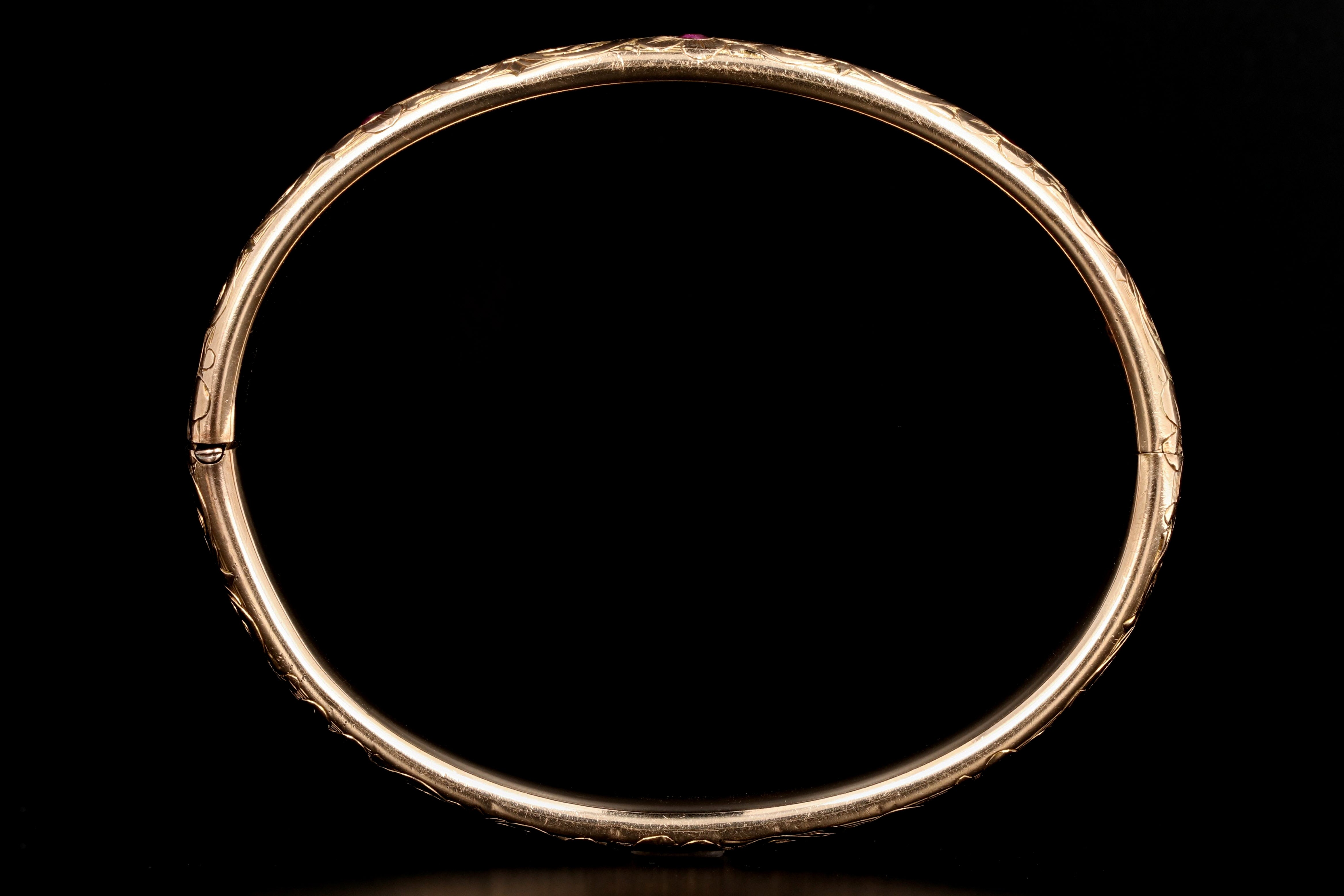 Victorian 14K Gold & Ruby Floral Bangle Bracelet c.1890's - Queen May