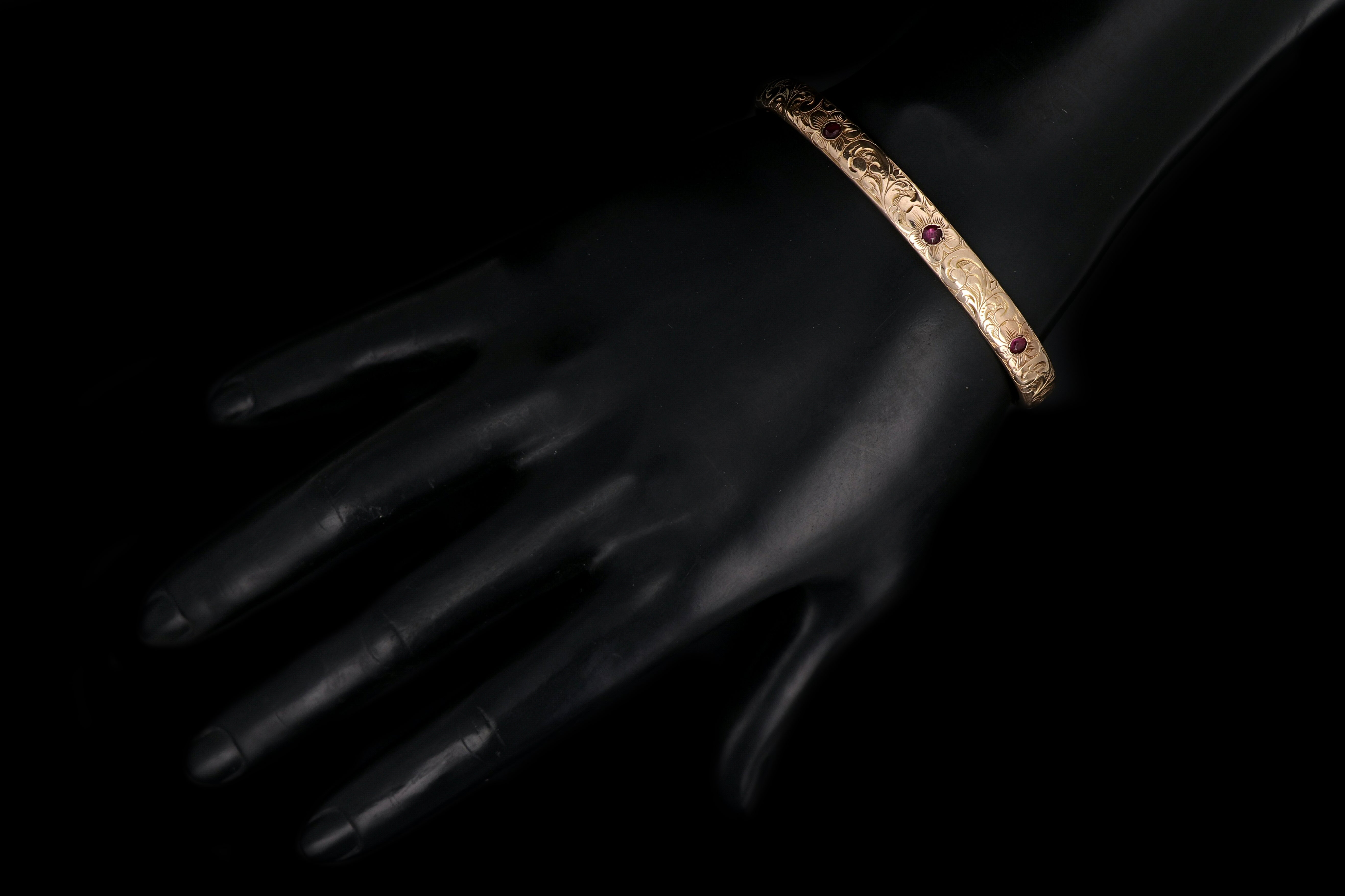 Victorian 14K Gold & Ruby Floral Bangle Bracelet c.1890's - Queen May