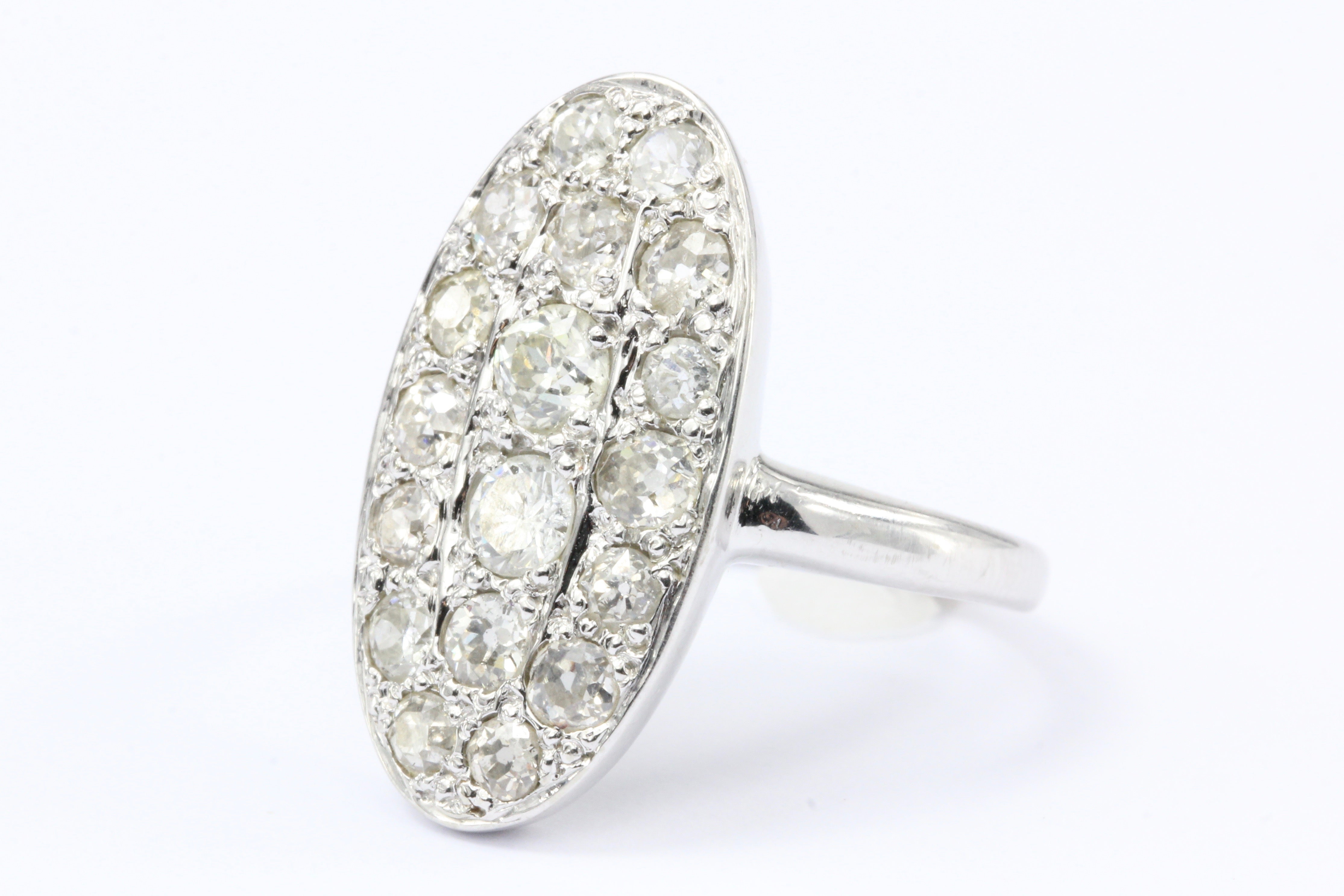Art Deco 14K White Gold Old European Cut Diamond Oval Cluster Ring - Queen May