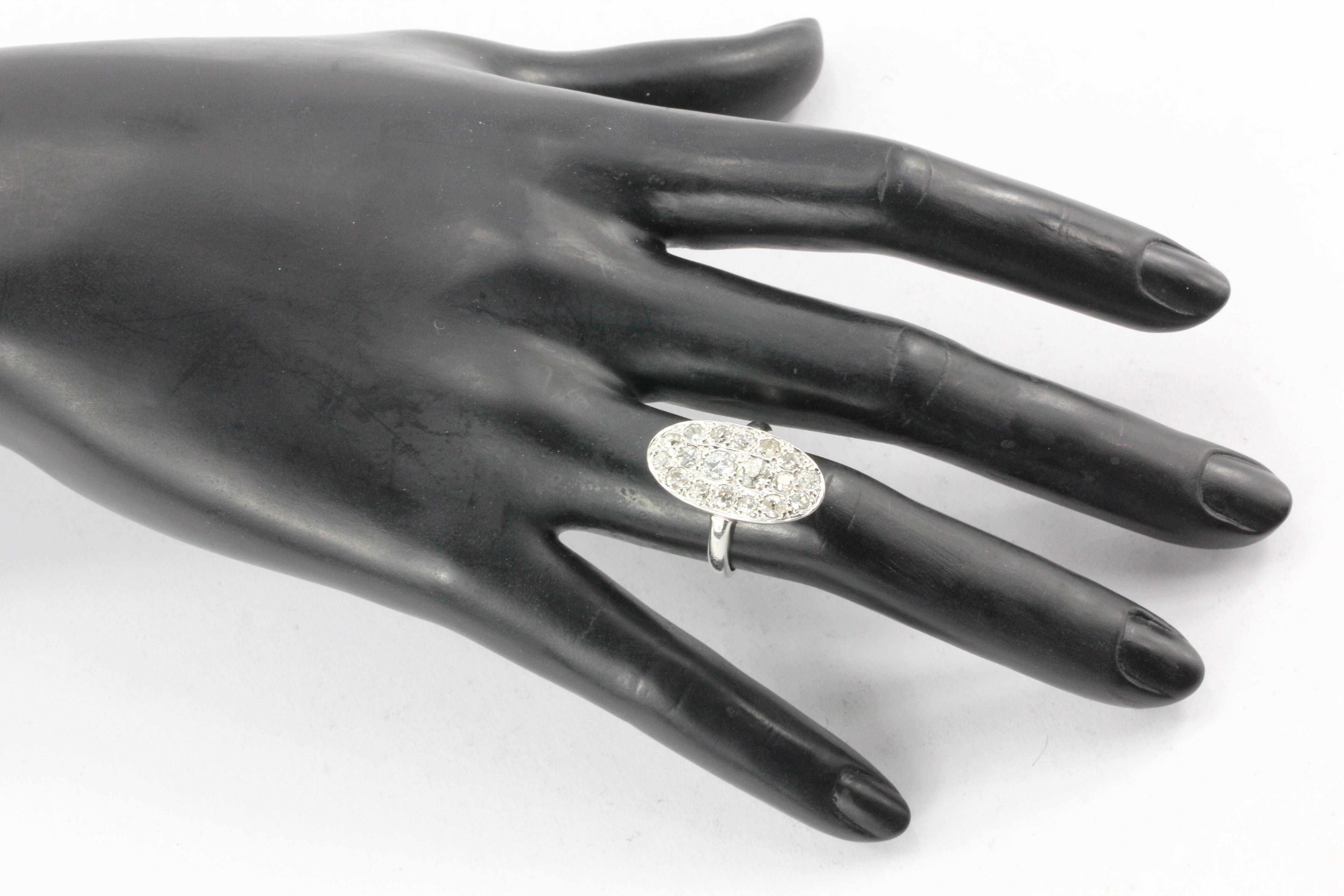 Art Deco 14K White Gold Old European Cut Diamond Oval Cluster Ring - Queen May
