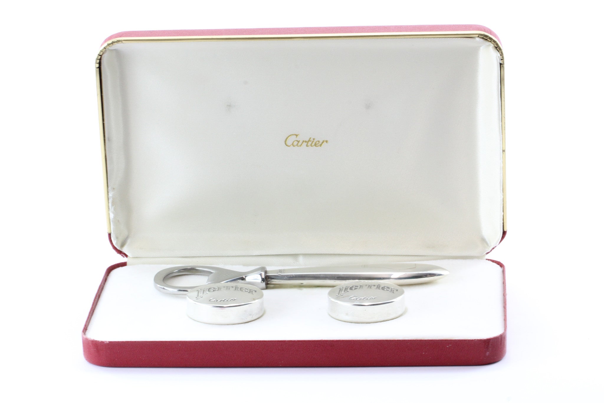 Cartier Sterling Silver Perrier 3 Piece Set Bottle Opener & 2 Tops in Case - Queen May