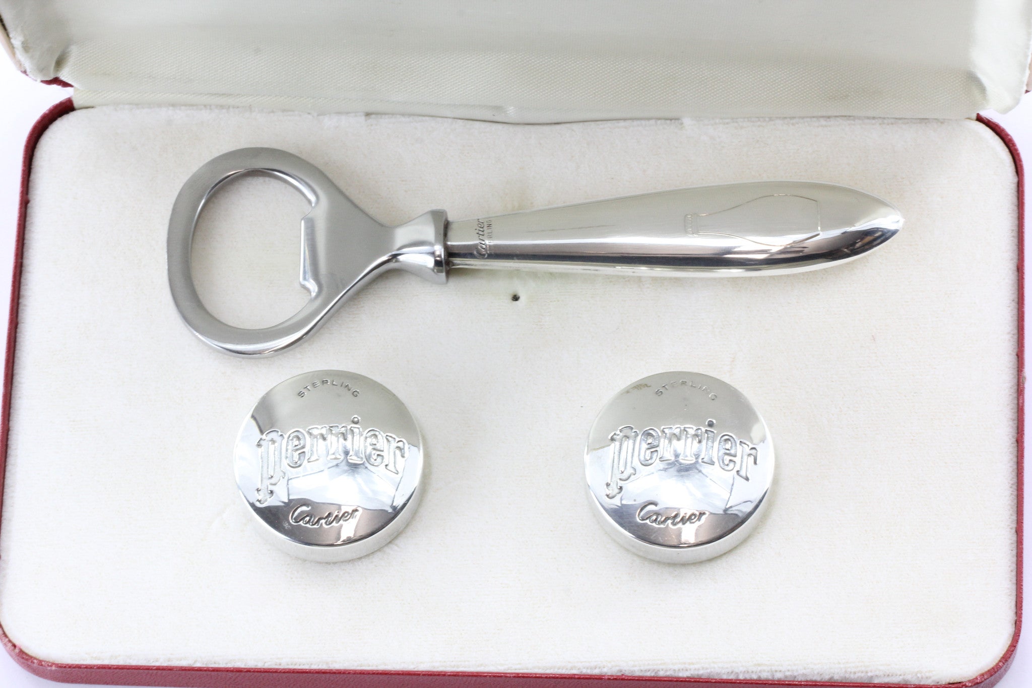 Cartier Sterling Silver Perrier 3 Piece Set Bottle Opener & 2 Tops in Case - Queen May