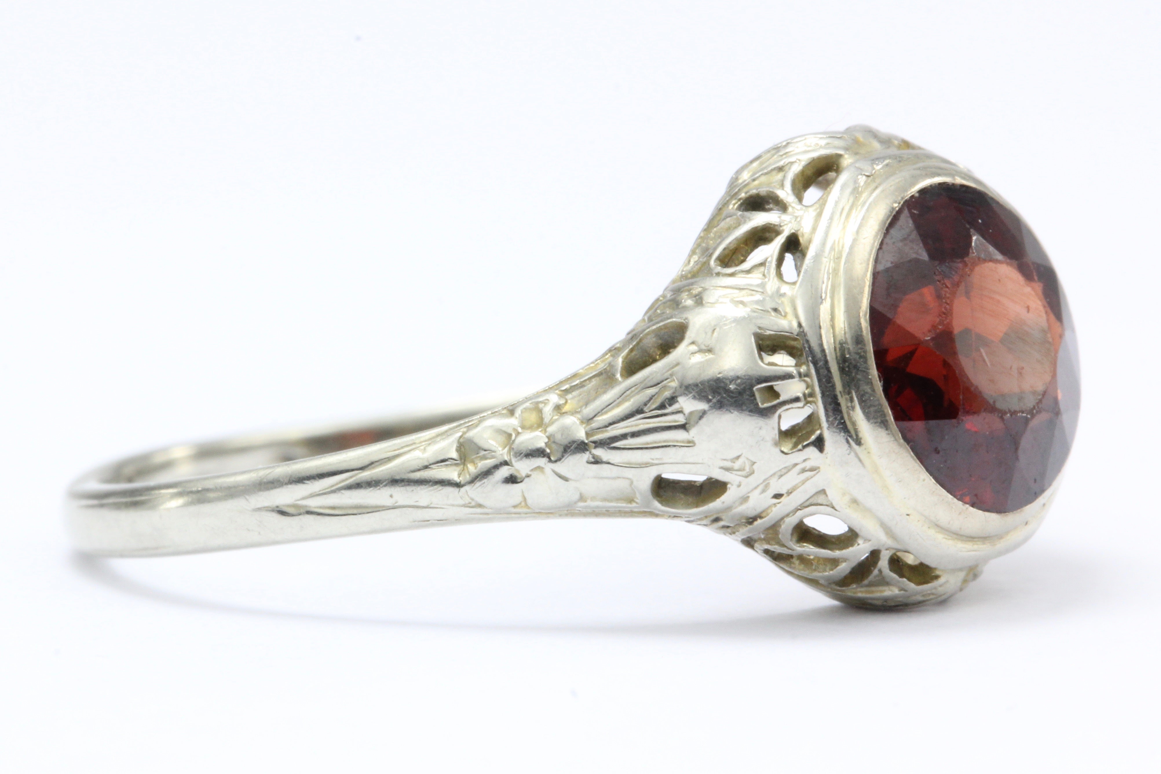 Antique 18K White Gold Art Nouveau Garnet Ring Signed M.G. - Queen May