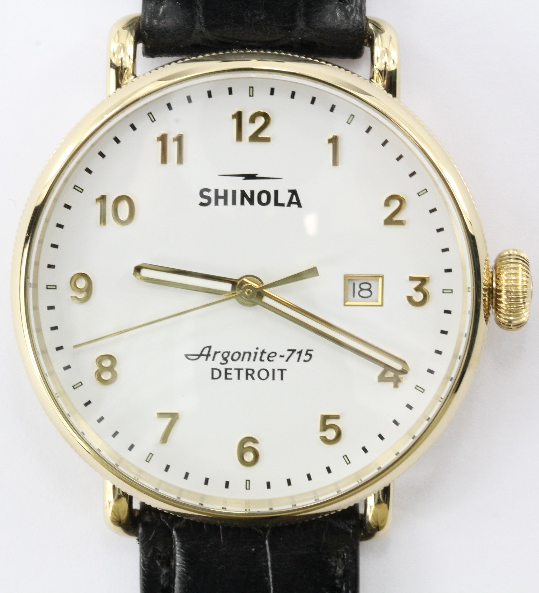 NWT Shinola Argonite 715 Detroit Gold Tone Black Alligator Band Watch 43mm - Queen May