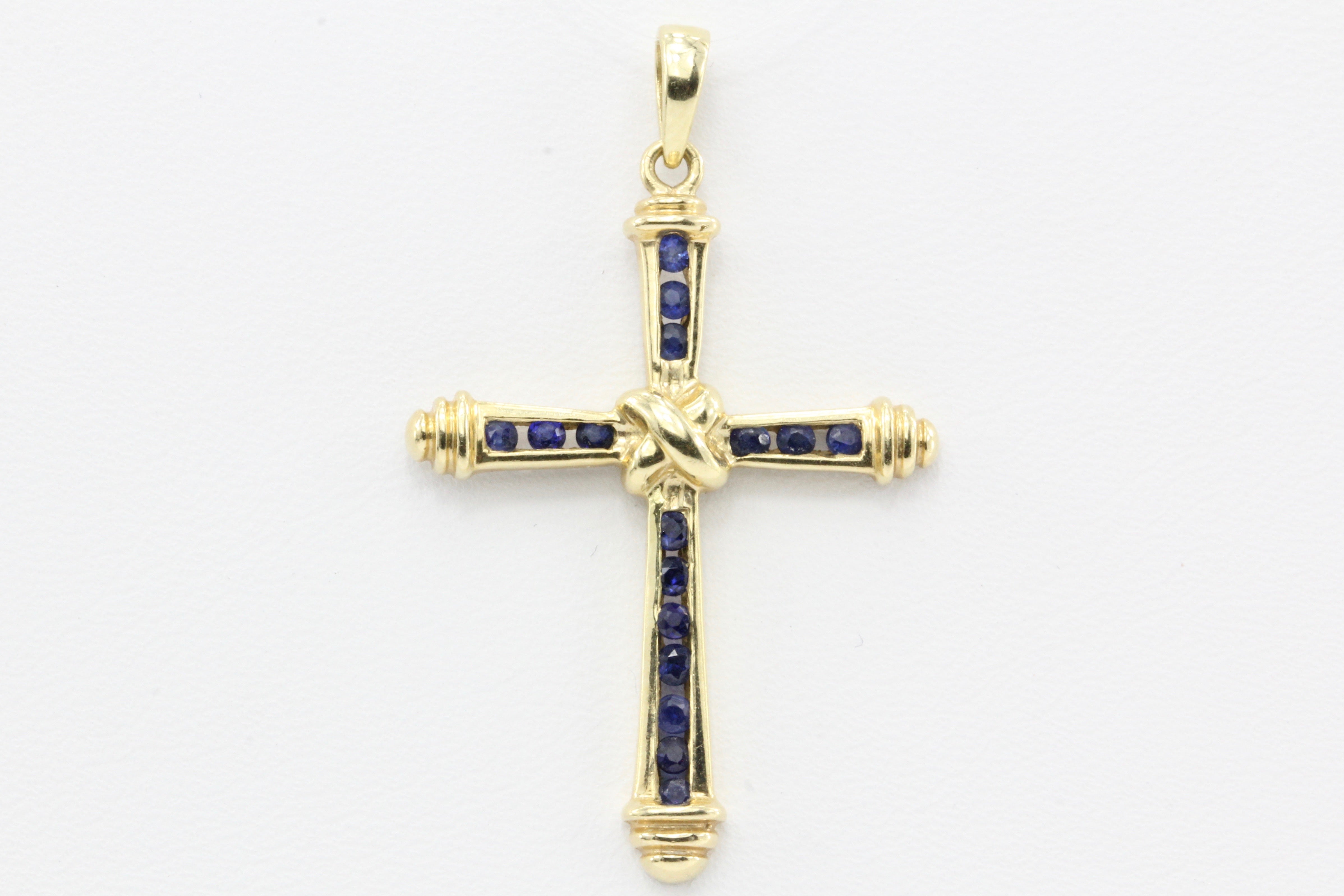 14K Gold Blue Sapphire Cross Pendant - Queen May