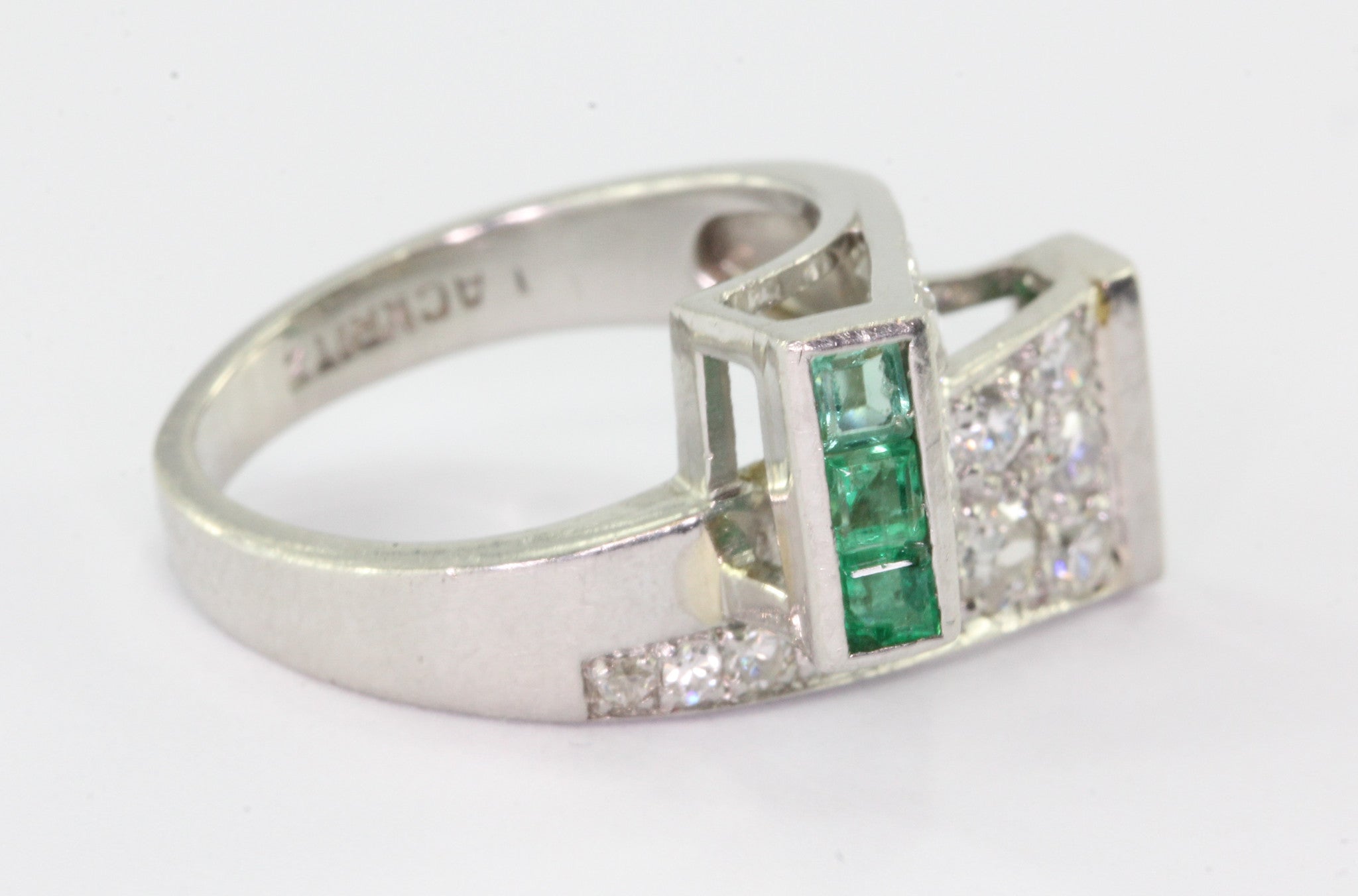 Platinum Paul Lackritz and Co. Art Deco Diamond and Emerald Ring 1930's - Queen May