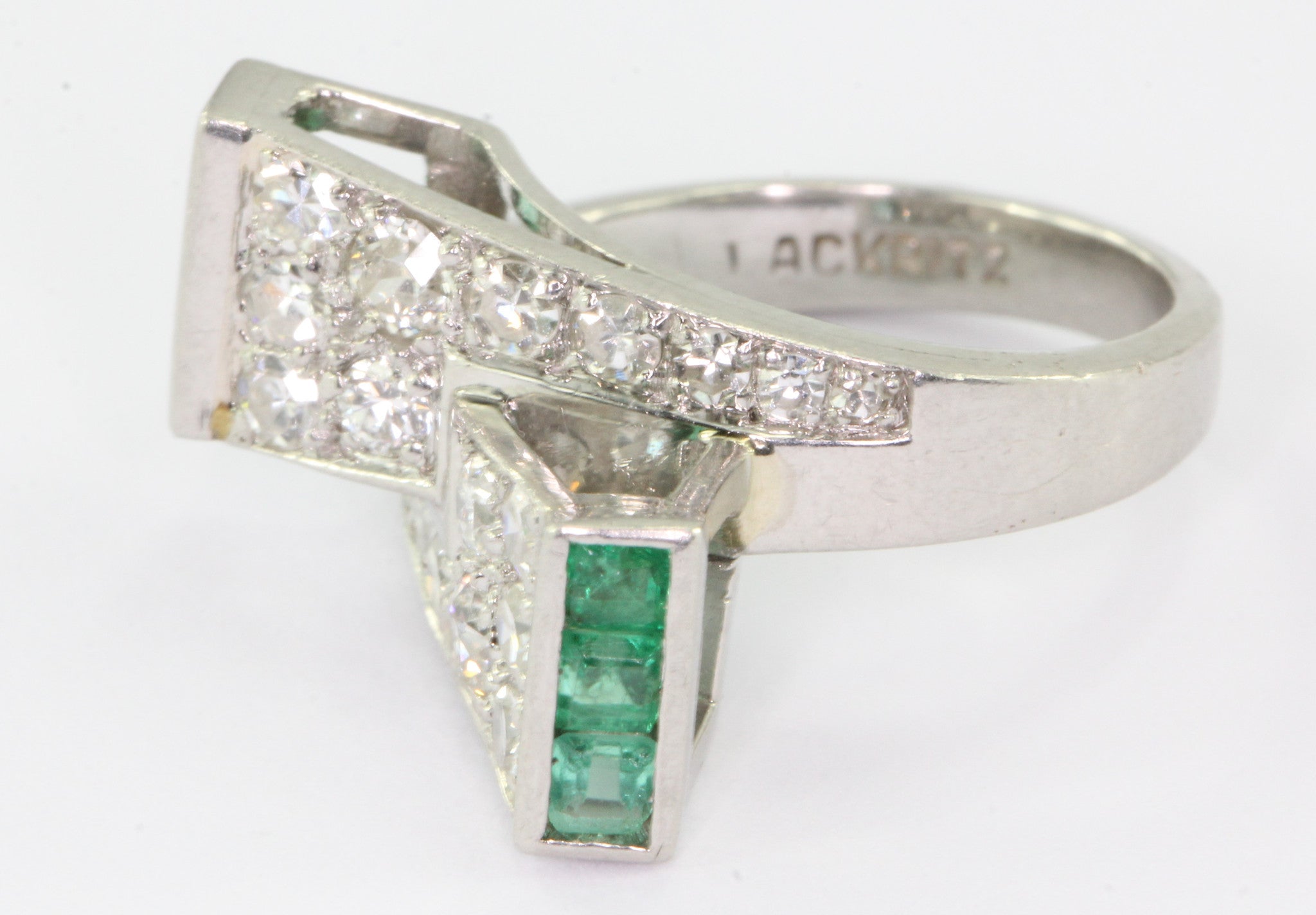 Platinum Paul Lackritz and Co. Art Deco Diamond and Emerald Ring 1930's - Queen May