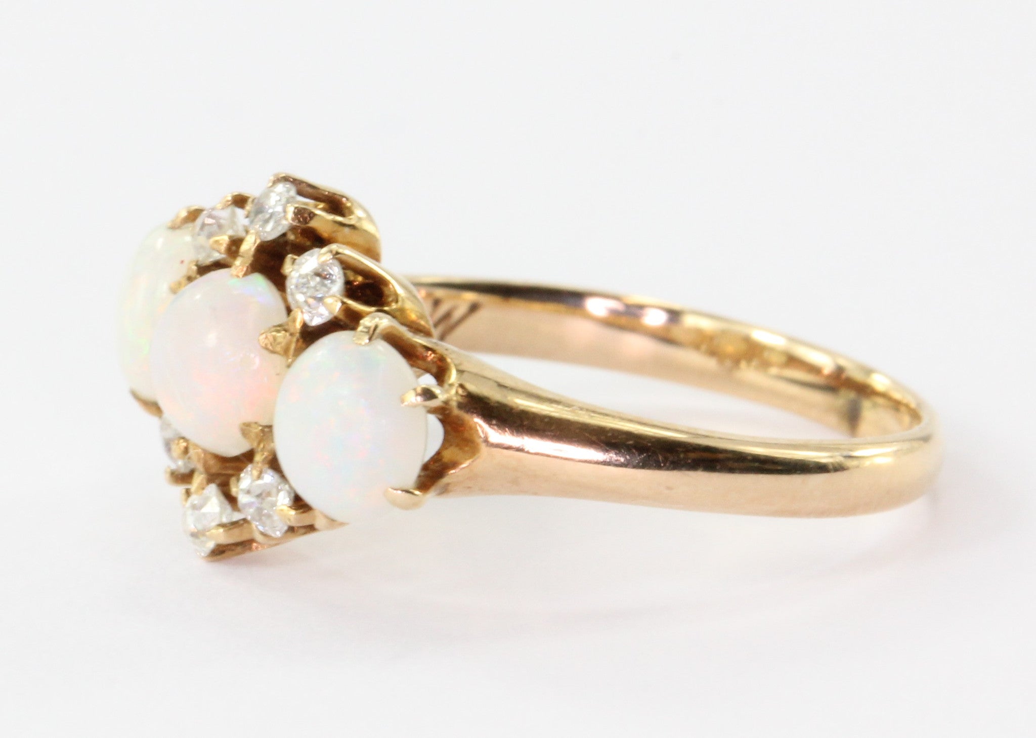Edwardian 14K Rose Gold Fiery Opal Old European Diamond Ring Circa 1900 - Queen May