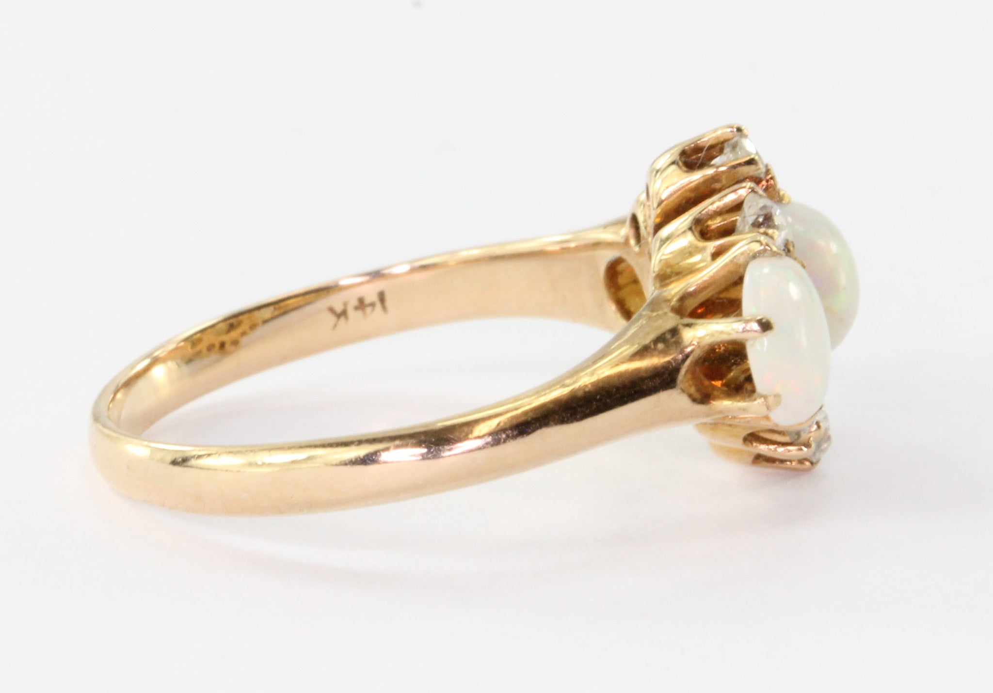 Edwardian 14K Rose Gold Fiery Opal Old European Diamond Ring Circa 1900 - Queen May
