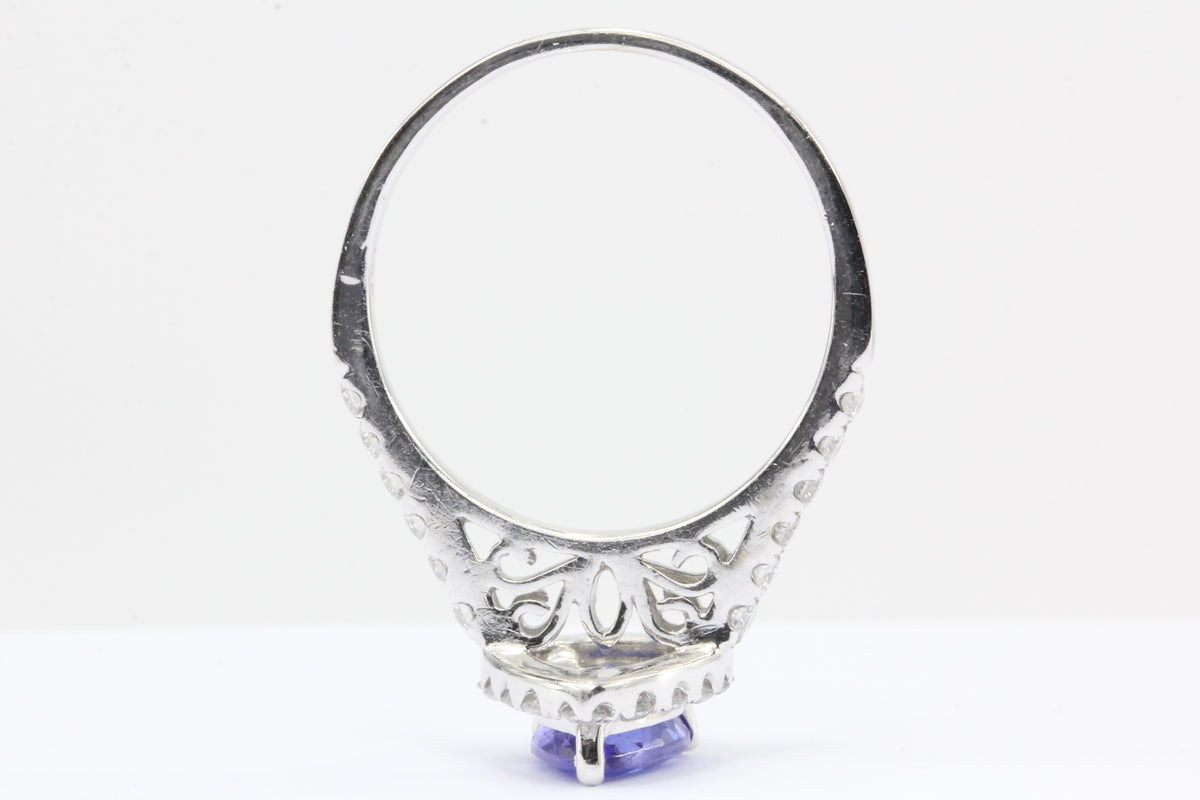14k White Gold Tanzanite Diamond Halo Engagement Ring - Queen May