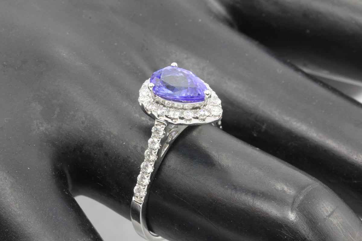 14k White Gold Tanzanite Diamond Halo Engagement Ring - Queen May