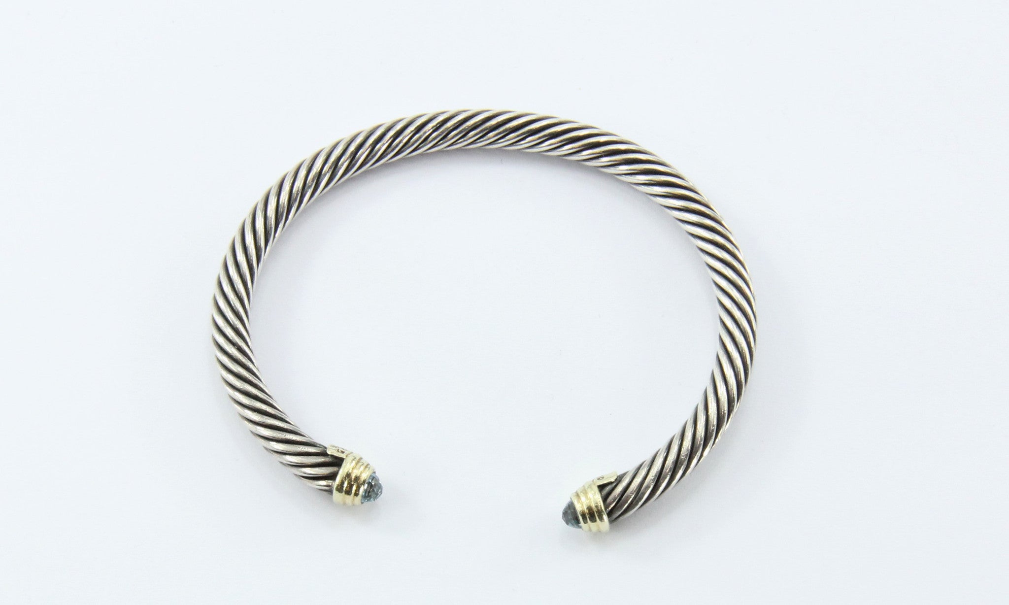 David Yurman Sterling Silver & 14k Gold Blue Topaz Cable Cuff Bracelet - Queen May