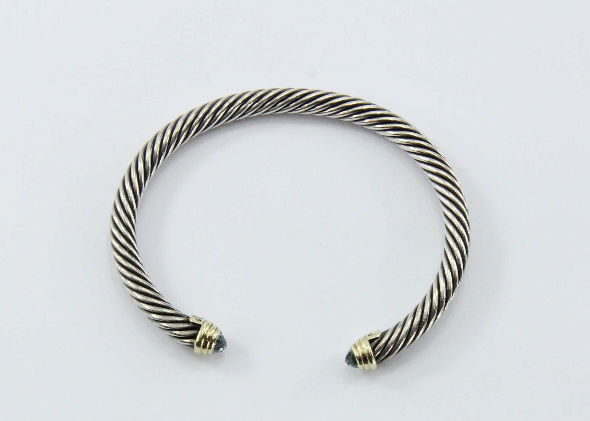 David Yurman Sterling Silver & 14k Gold Blue Topaz Cable Cuff Bracelet - Queen May