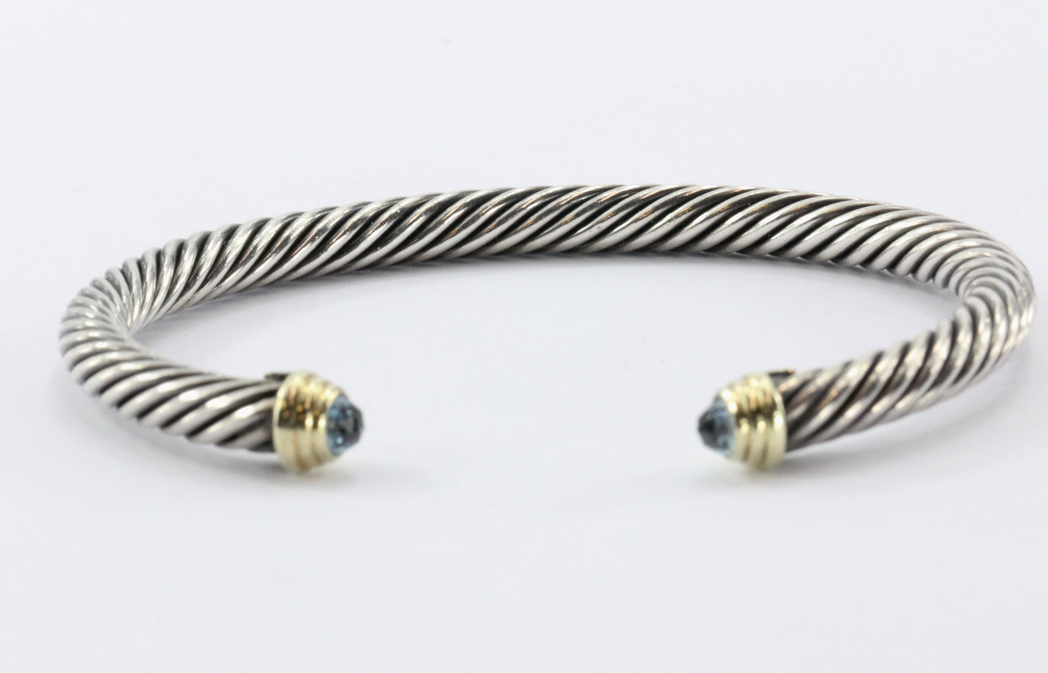 David Yurman Sterling Silver & 14k Gold Blue Topaz Cable Cuff Bracelet - Queen May