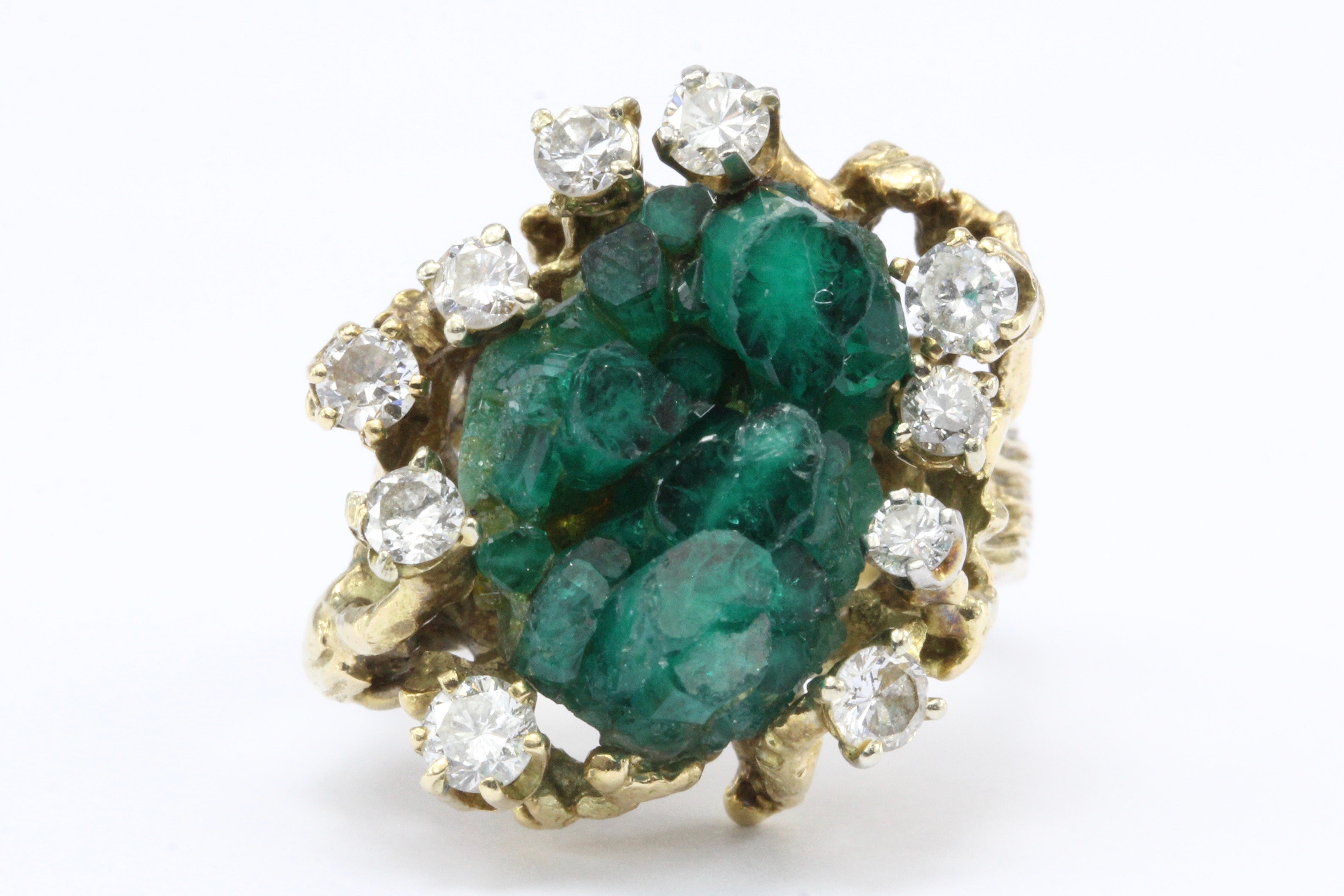 Retro 14K Gold Raw Uncut Emerald w/ Diamonds Naturalistic Ring - Queen May