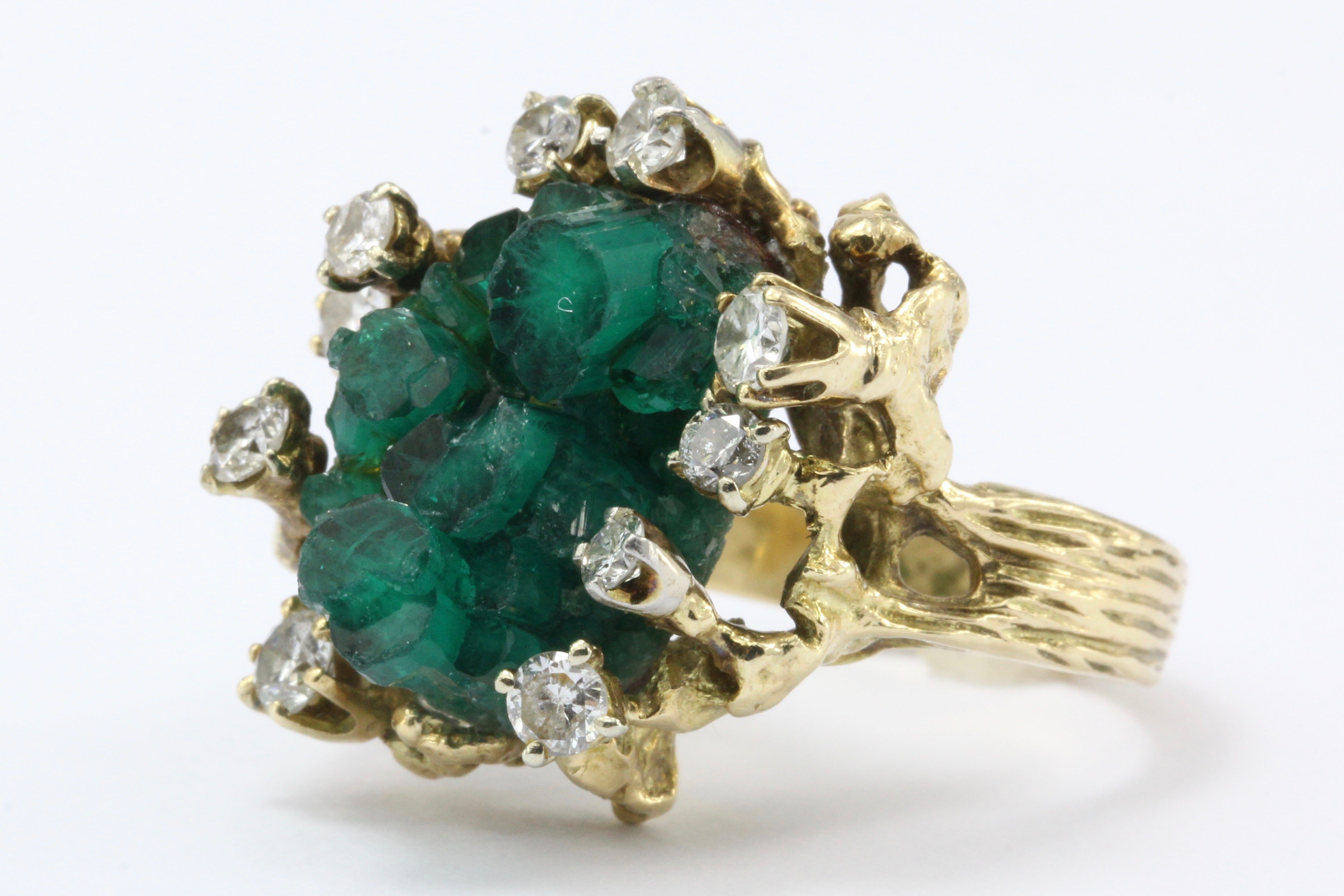 Retro 14K Gold Raw Uncut Emerald w/ Diamonds Naturalistic Ring - Queen May