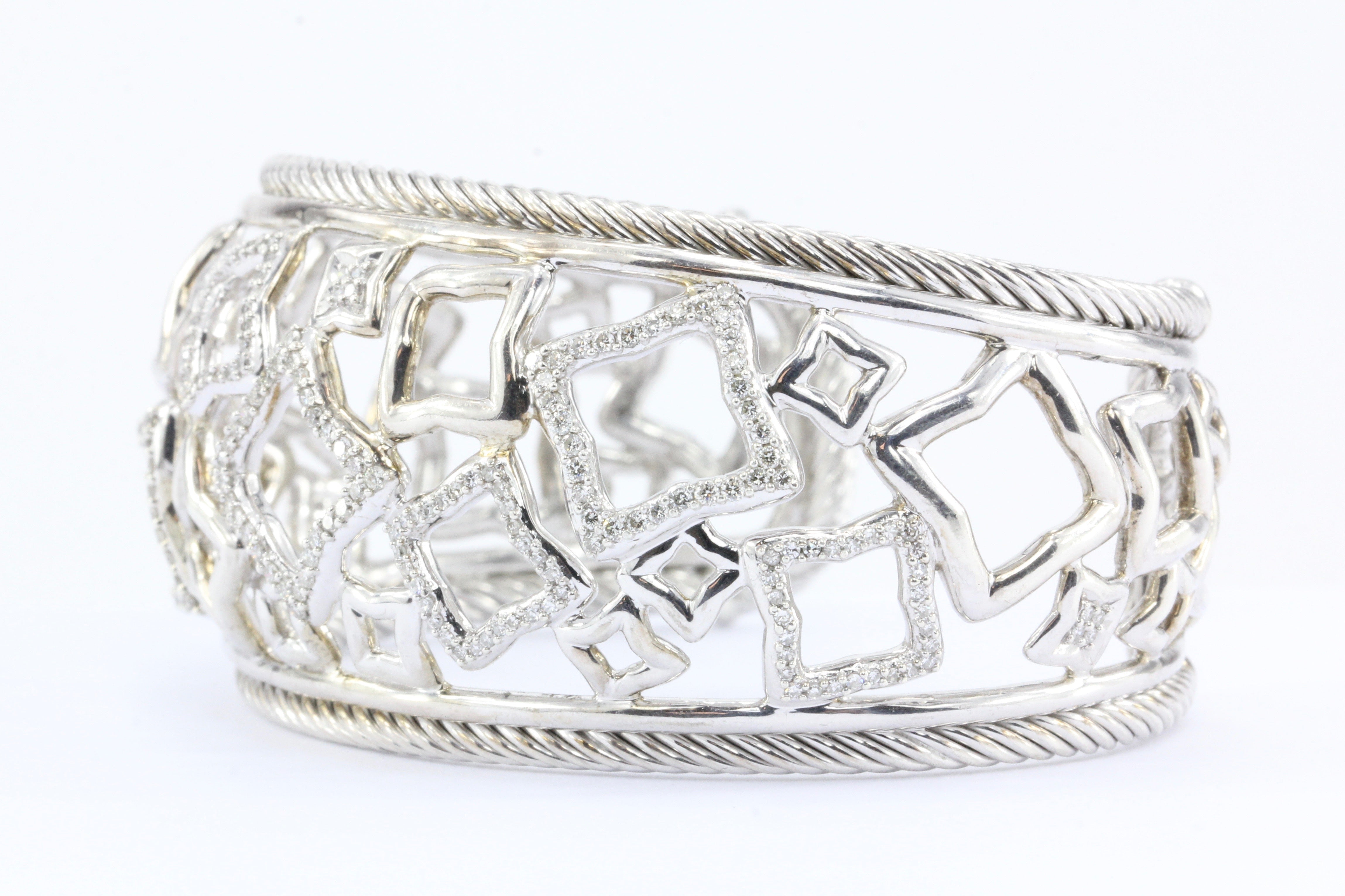 David Yurman Sterling Silver Diamond Quatrefoil Chunky Cuff Bracelet - Queen May