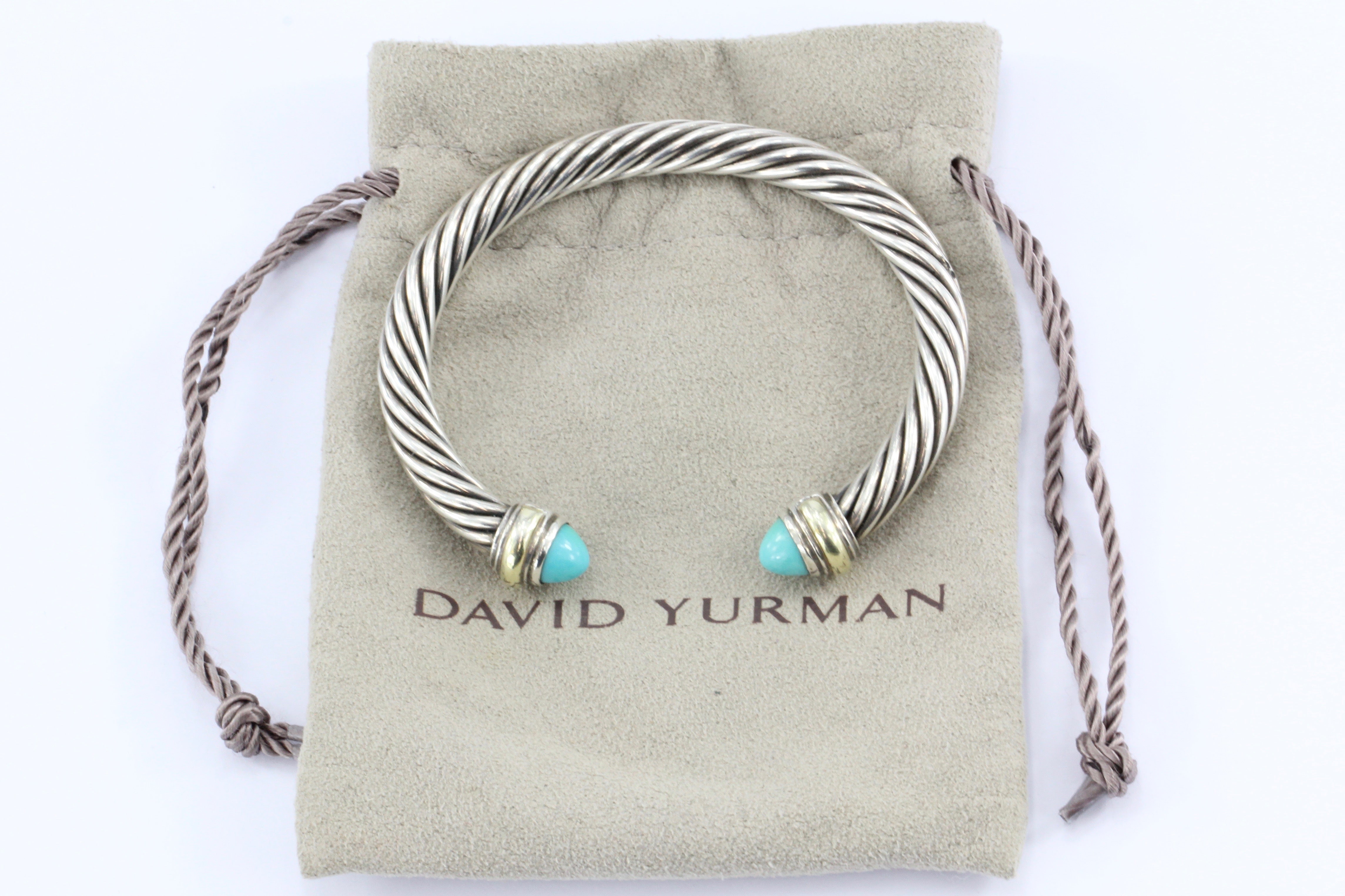 David Yurman Sterling Silver 14K Gold Turquoise 7mm Cable Cuff Bracelet - Queen May