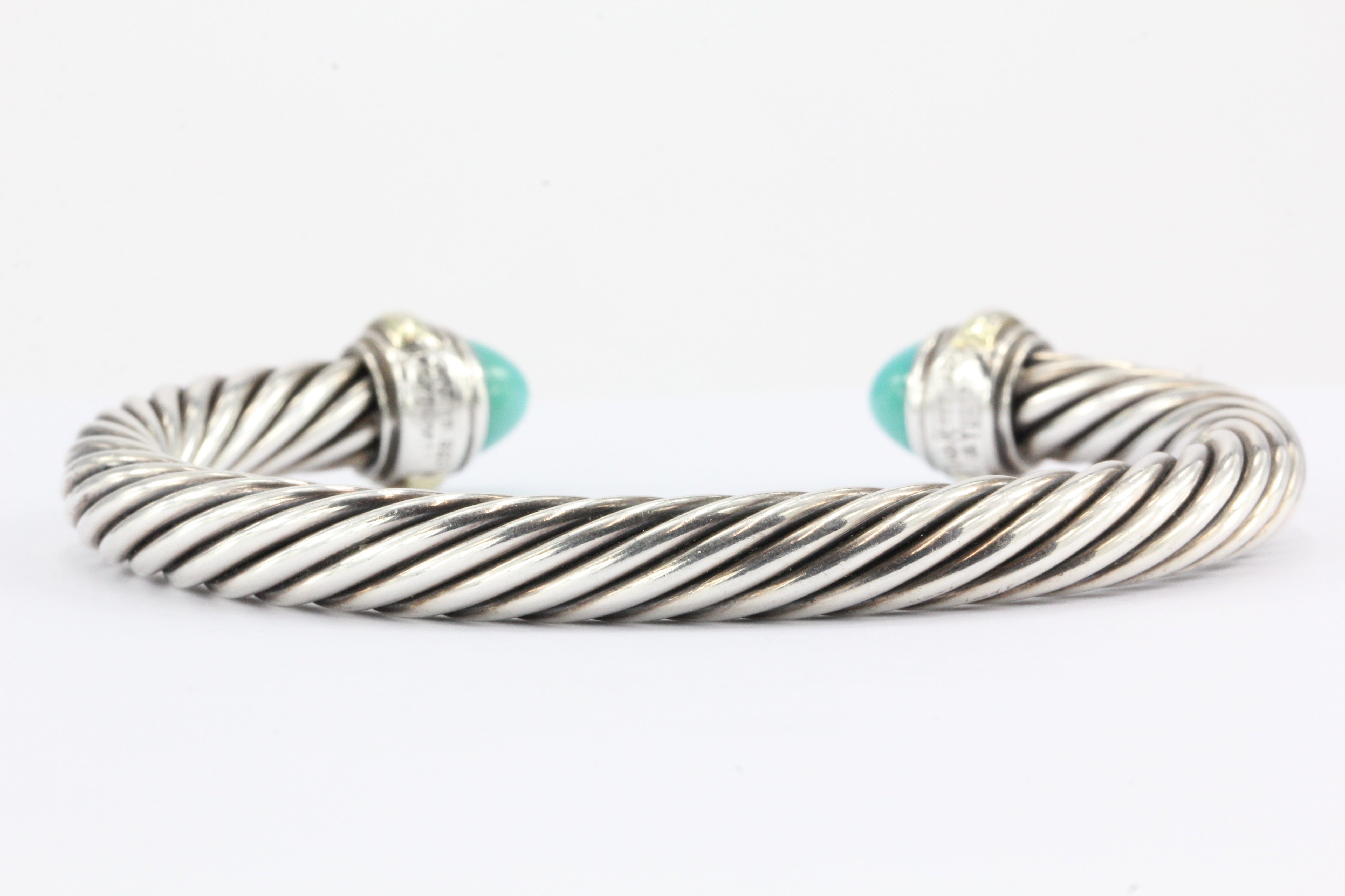 David Yurman Sterling Silver 14K Gold Turquoise 7mm Cable Cuff Bracelet - Queen May