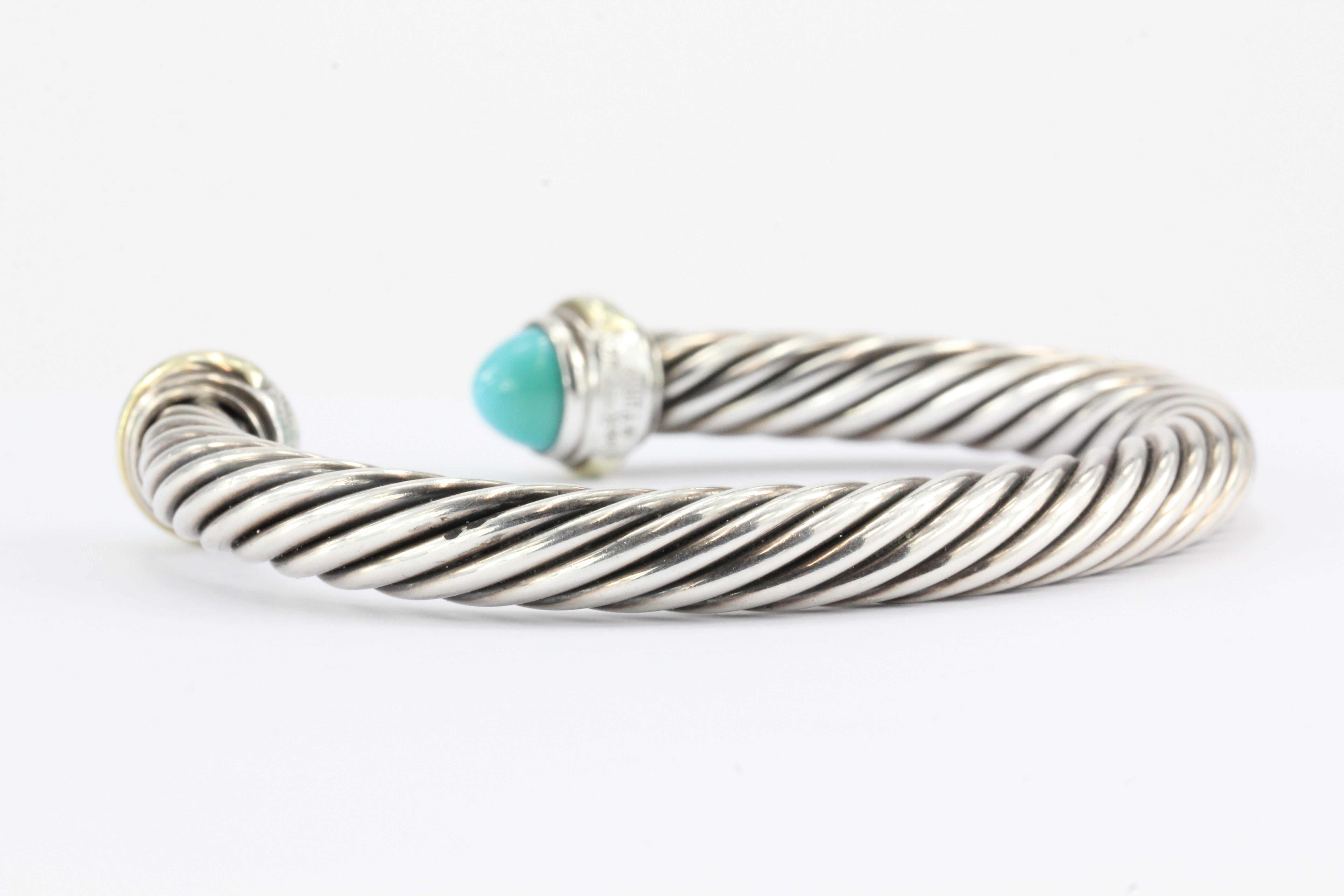David Yurman Sterling Silver 14K Gold Turquoise 7mm Cable Cuff Bracelet - Queen May