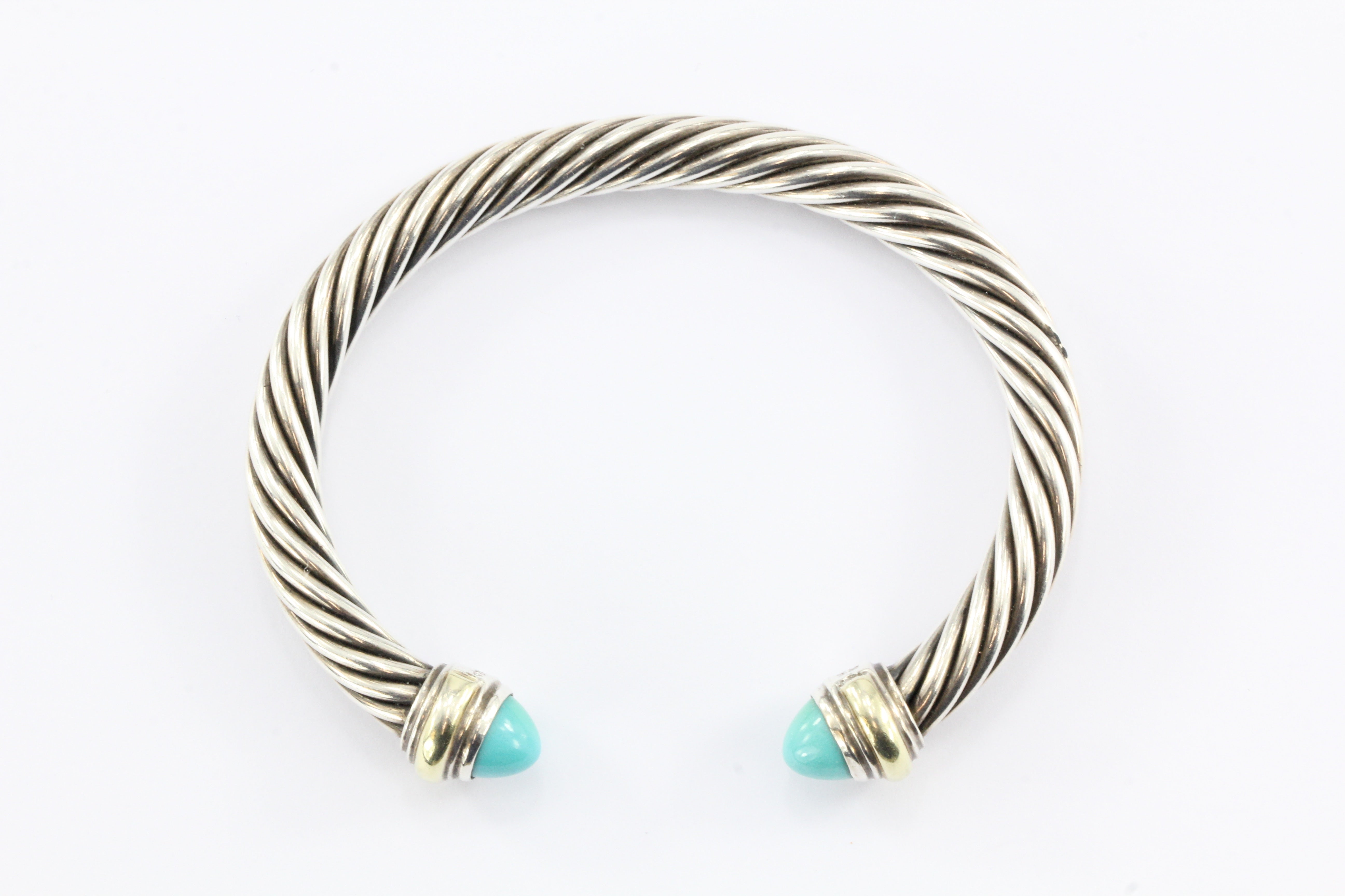 David Yurman Sterling Silver 14K Gold Turquoise 7mm Cable Cuff Bracelet - Queen May