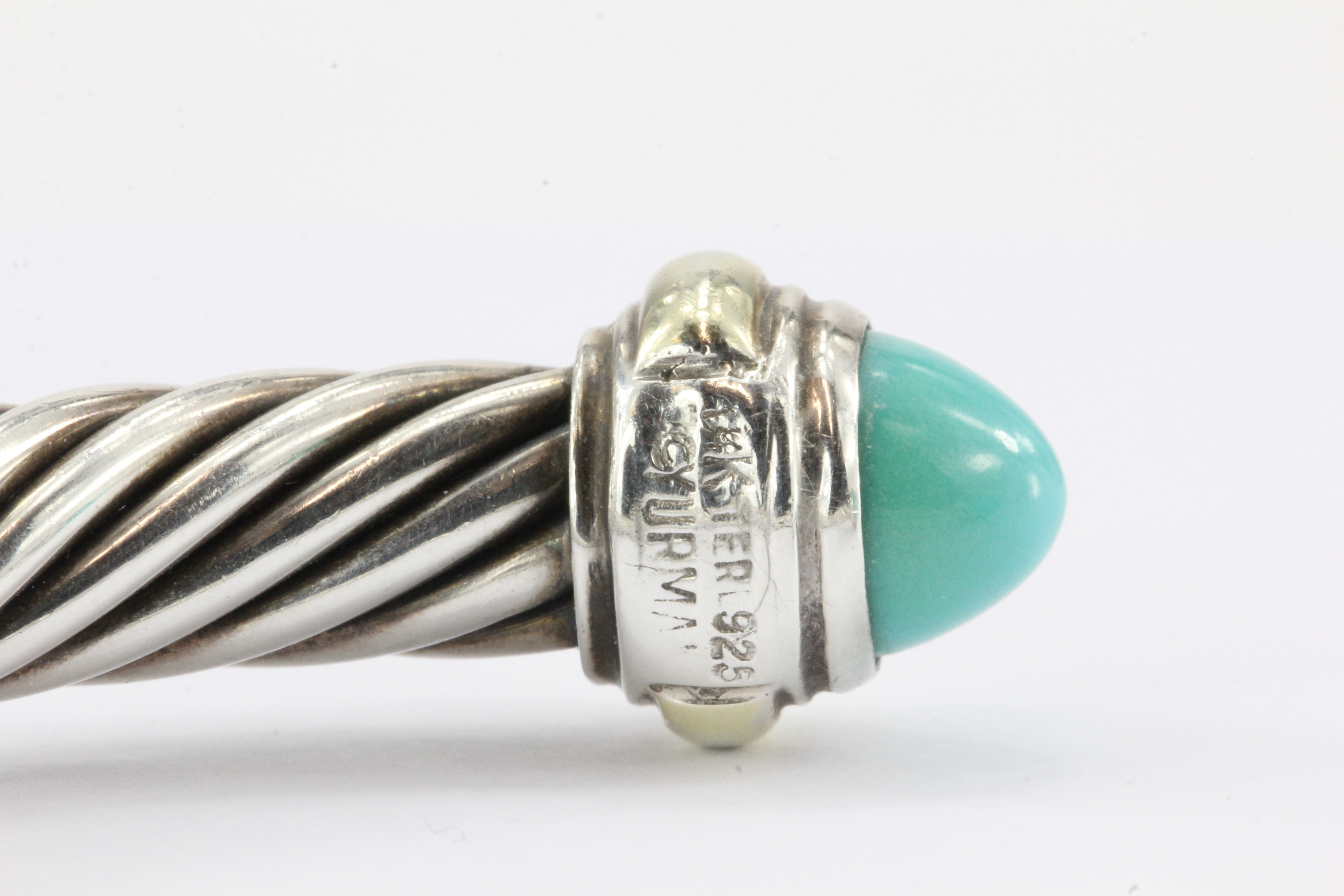 David Yurman Sterling Silver 14K Gold Turquoise 7mm Cable Cuff Bracelet - Queen May