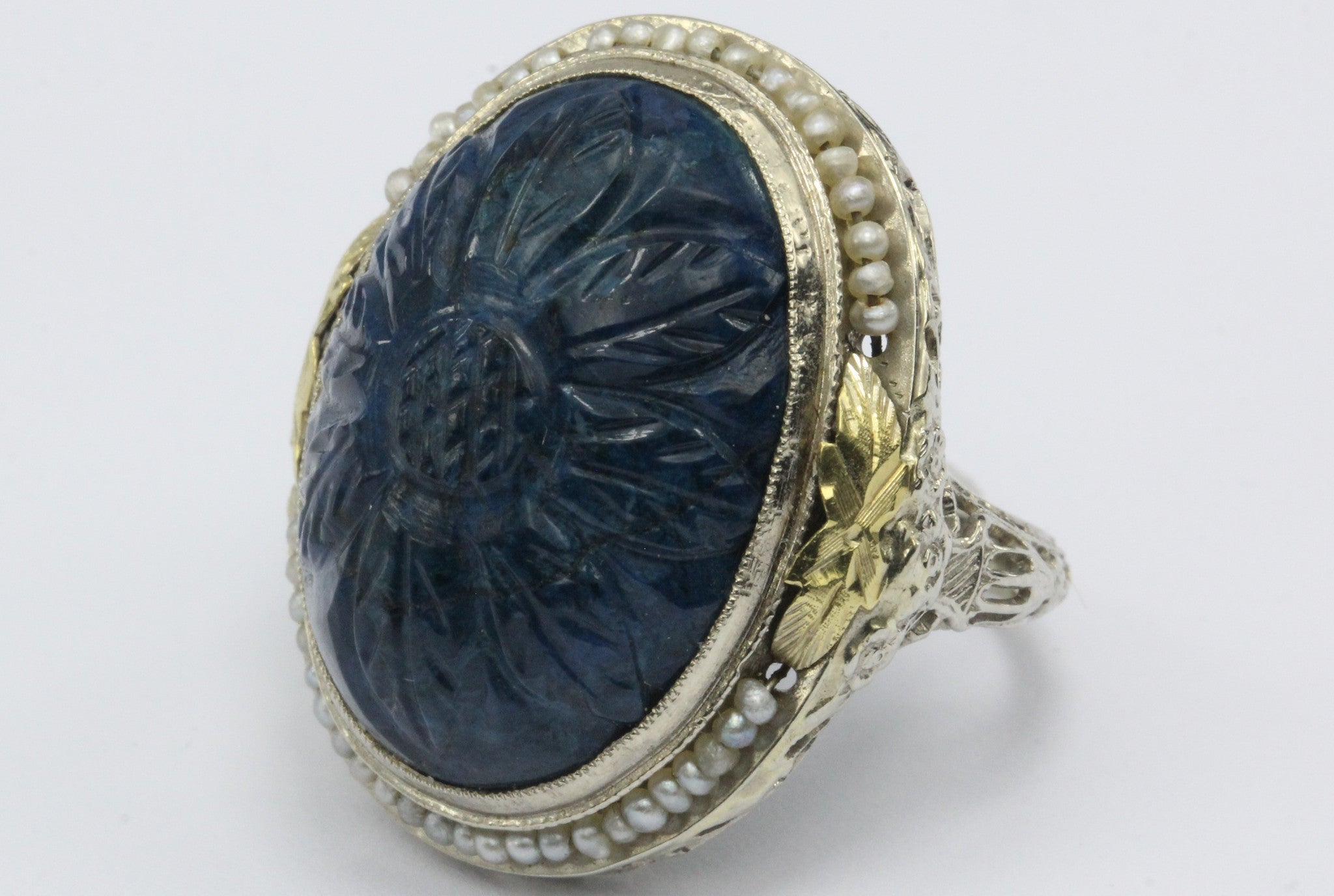 Antique Art Deco 14K White Gold Carved Blue Stone Seed Pearl Chunky Ring - Queen May