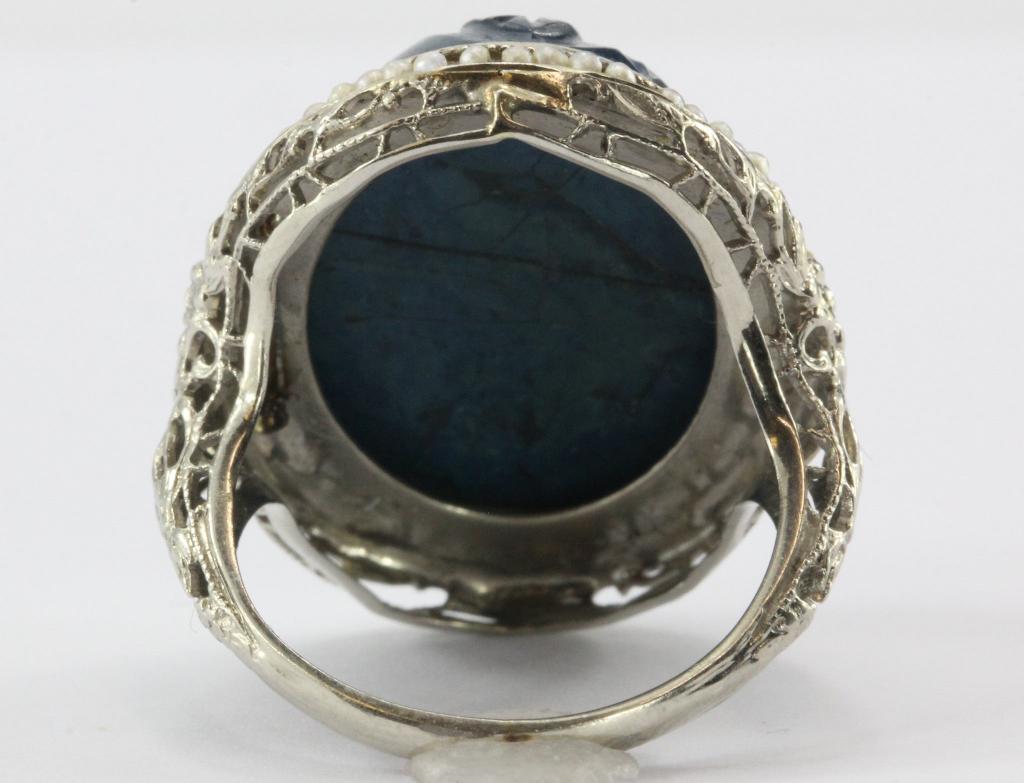 Antique Art Deco 14K White Gold Carved Blue Stone Seed Pearl Chunky Ring - Queen May