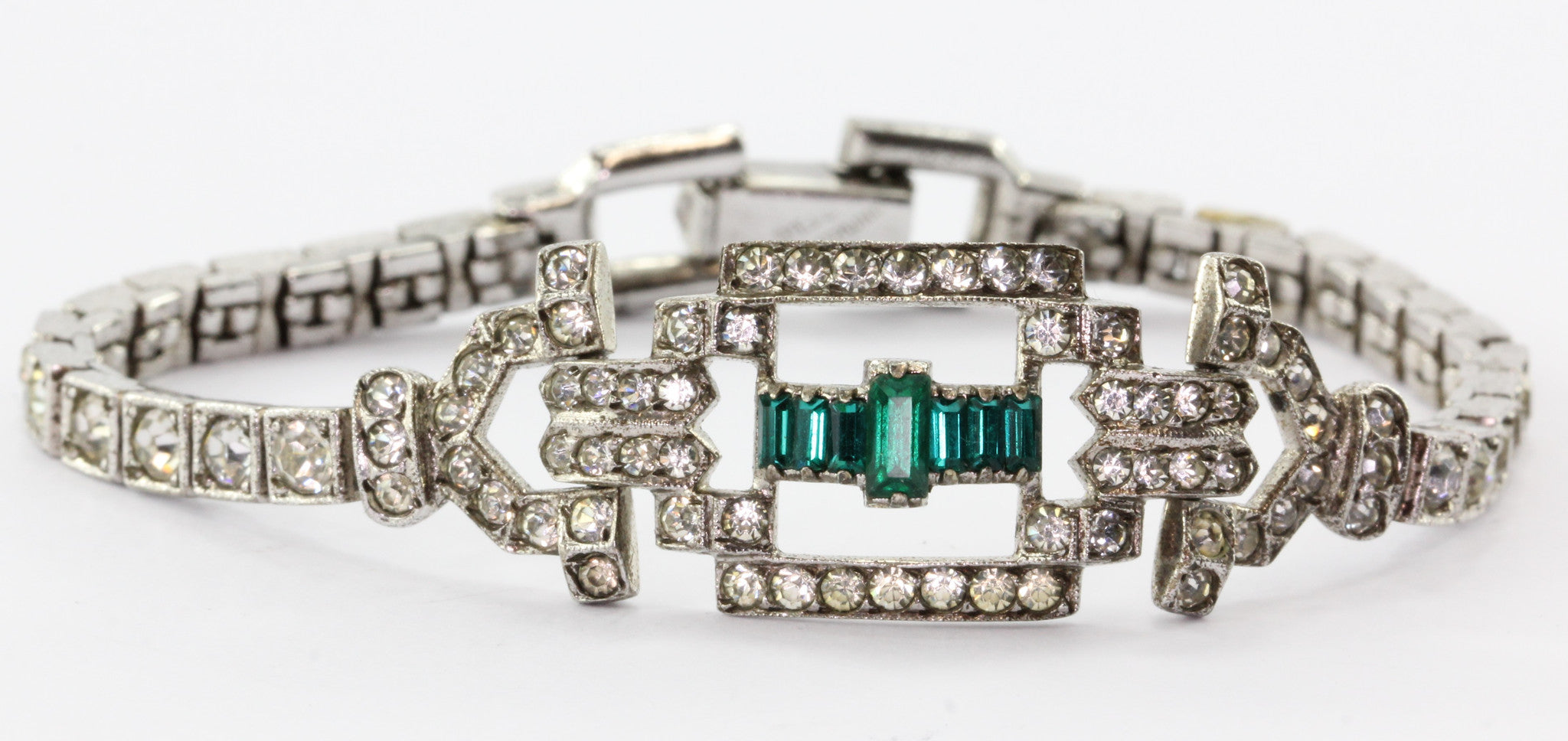 Art Deco Sterling Silver Green & White Paste Bracelet Circa 1930's - Queen May